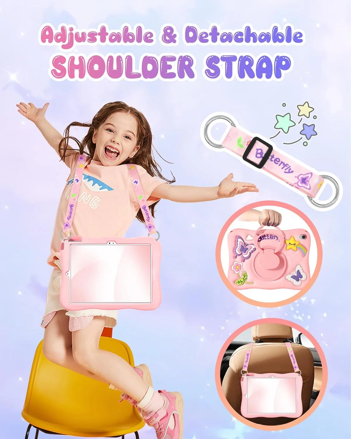 کاور آیپد نسل دهم 10.9 اینچ 2022 Kidcube - طرح پروانه سه بعدی زیبا و فانتزی دخترانه، همراه با استند چرخان و بند، سیلیکونی منحصر به فرد برای نوجوانان و بانوان