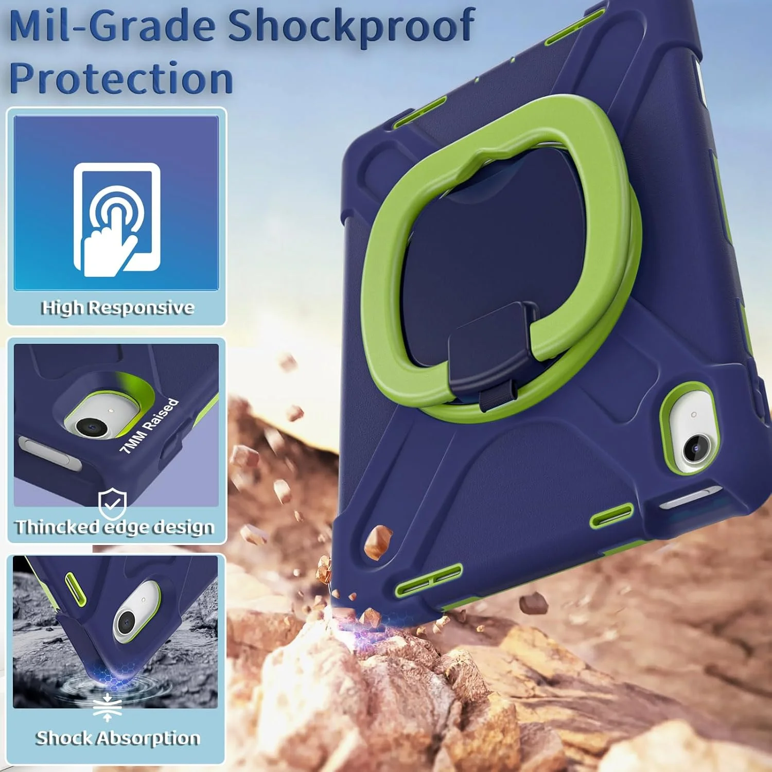 کاور LX-SUNCX مناسب برای آیپد نسل 11 اینچ 11" (A16) سال 2025، آیپد نسل 10 اینچ 10.9" سال 2022، کاور ضد ضربه برای کودکان به همراه محافظ صفحه نمایش، استند چرخشی، جای قلم، بند شانه (آبی دریایی + لیمویی)