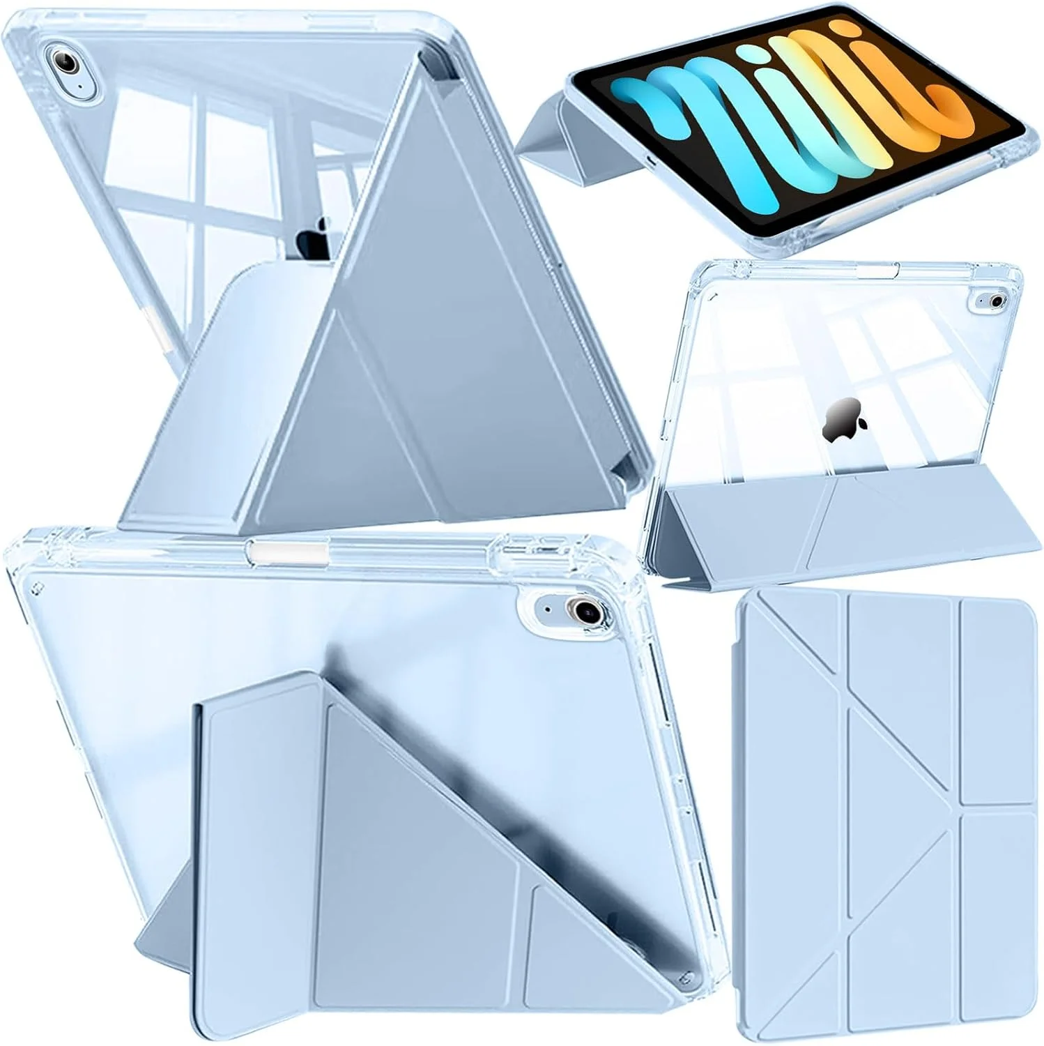 کیف محافظ آیپد مینی سازگار با آیپد مینی (A17 Pro، مدل 2024، نسل 7) / آیپد مینی 6 2021 با جای قلم، کاور شفاف ضد ضربه، استند تاشو 6 در 1 Y شکل، بیدار/خواب خودکار، آبی آسمانی