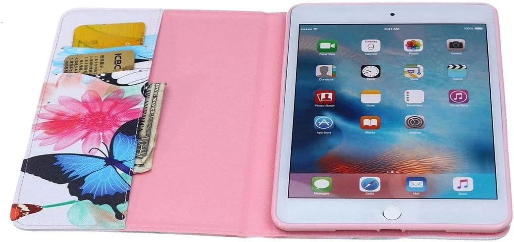 کیف آیپد مینی 4 ساتورکیس، طرح پروانه های زیبا، کیف محافظ چرمی PU تاشو با قابلیت استند و ضربه گیر برای آیپد مینی 4 اپل