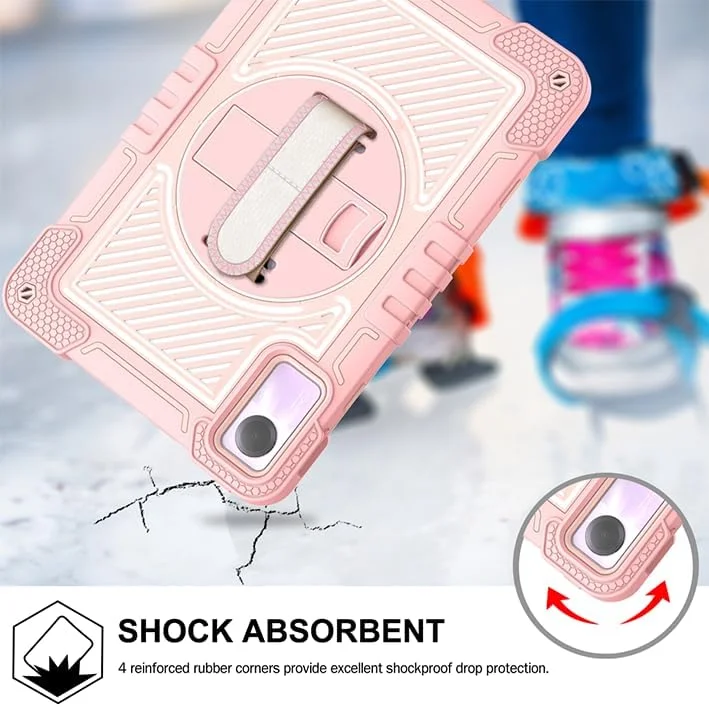 کیف تبلت Nikaque برای شیائومی Redmi Pad SE 11 اینچ (2023)، مقاوم در برابر ضربه، سه لایه، پایه چرخان 360 درجه، دارای بند شانه و دست، صورتی کامل