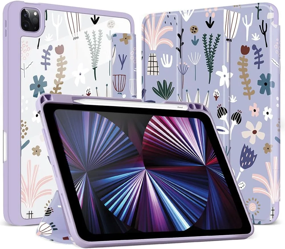 کاور محافظ آیپد پرو 12.9 اینچ O Ozone سازگار با مدل های 2021/2020/2018، دارای حالت خواب/بیدار خودکار با جای قلم، ضد خش، کاور محافظ ضد ضربه با طرح گل - آبی ملایم
