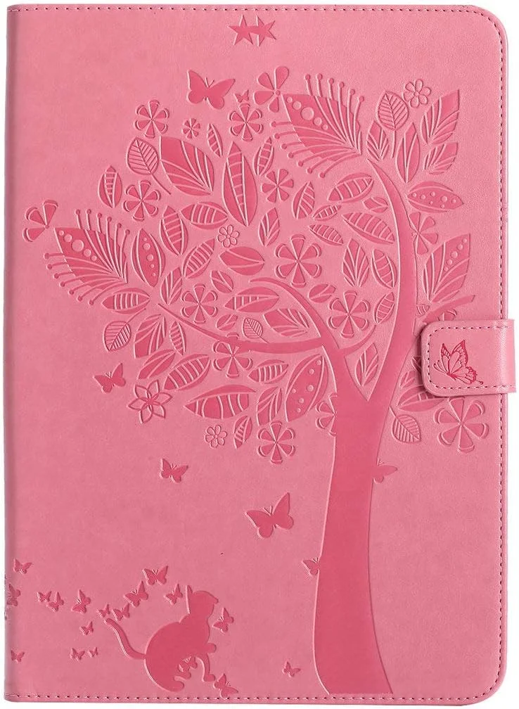 کیف چرمی طرح برجسته درخت گربه ساتورکیس، دارای قفل آهنربایی، استند و جای کارت، مناسب برای آیپد ایر/ایرد 2 اپل (صورتی)