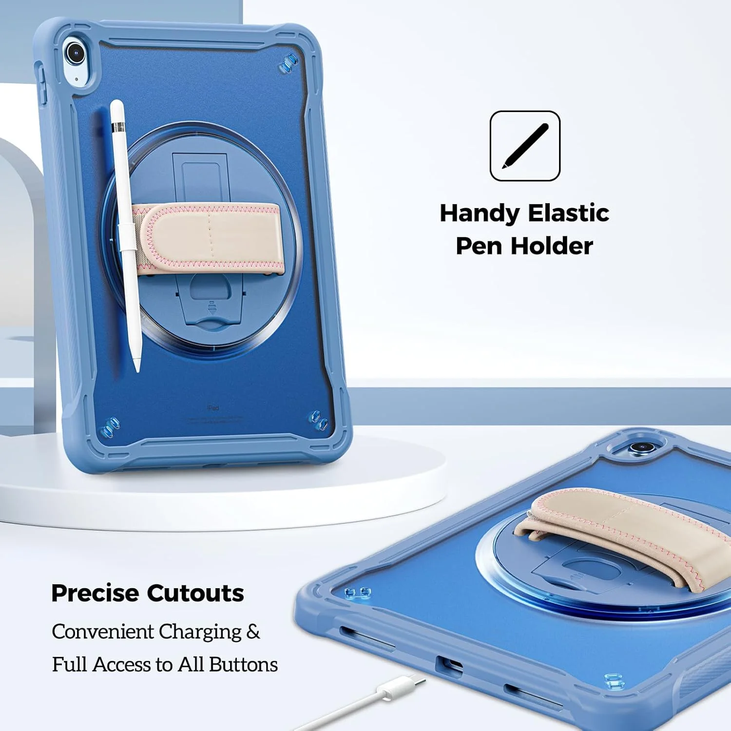 کیف محافظ مقاوم ProCase مناسب برای آیپد نسل 11 مدل A16 سال 2025/آیپد نسل 10 با صفحه نمایش 10.9 اینچ سال 2022، کاور مقاوم در برابر ضربه با بند دستی و پایه چرخان 360 درجه برای محافظت از آیپد 11/10 - سرمه ای