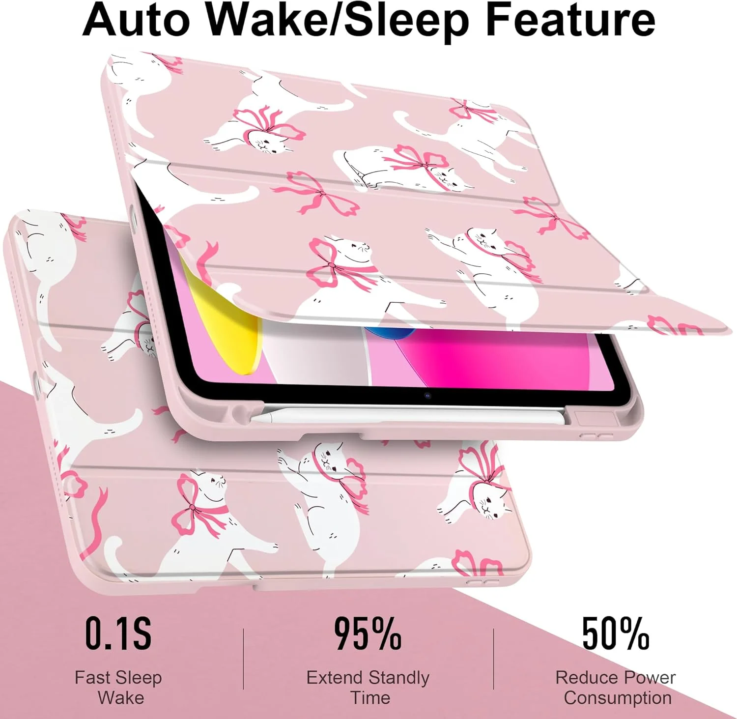 کاور MeeGoodo مناسب برای آیپد A16 نسل 11 اینچی 11 اینچ 2025/نسل 10 اینچی 10.9 اینچ 2022، کاور با پشت اکریلیک شفاف، کاور تبلت با نگهدارنده مداد+حالت خواب/بیدار خودکار+ استند، گربه های سفید و پاپیون های زیبا