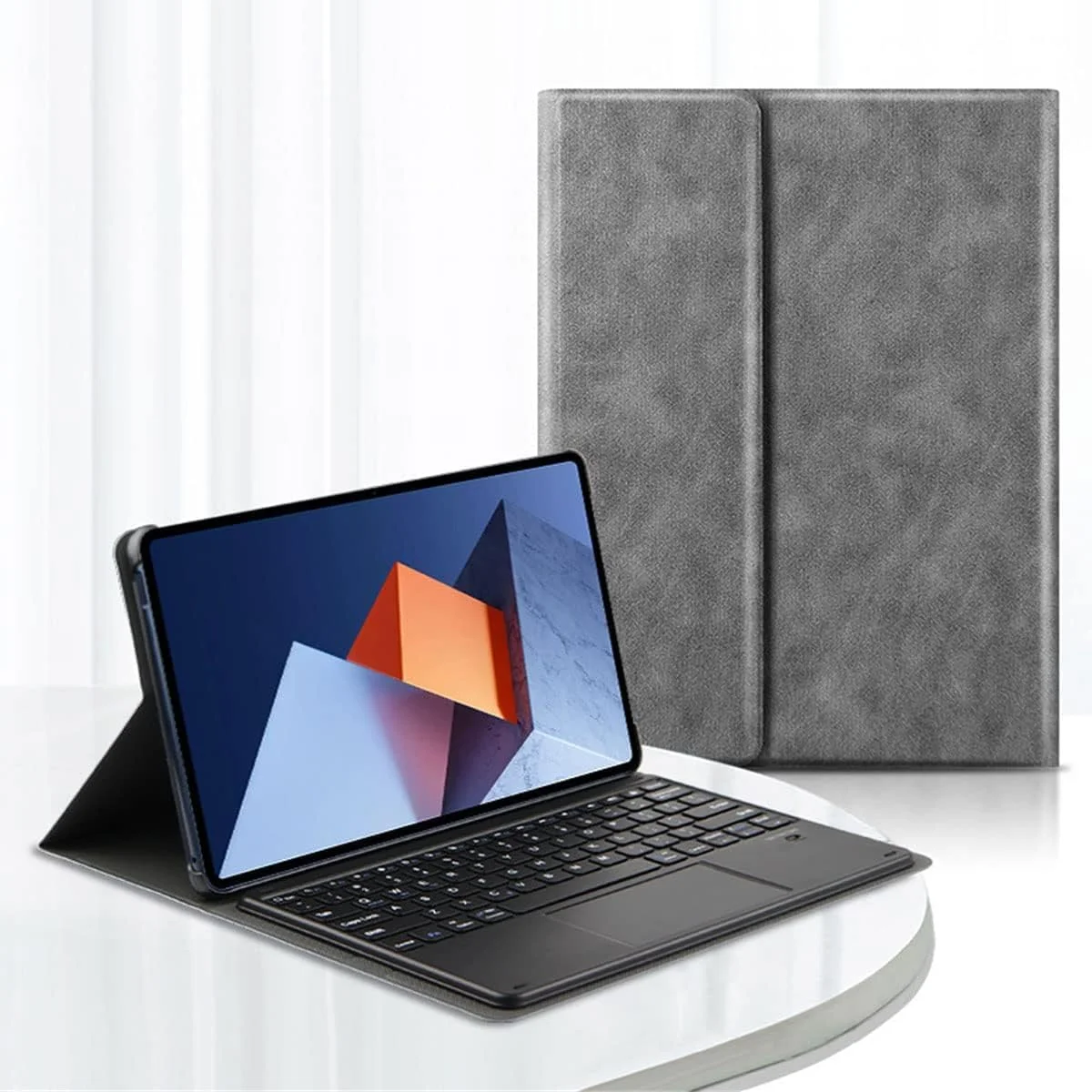 کاور کیبورد Gruattreay سازگار با HUAWEI MateBook E 2023 12.6 اینچ DRR-W76 با کیبورد بی سیم بلوتوثی تبلت PC، کاور محافظ با تاچ پد، کاور استند چرمی PU (خاکستری)