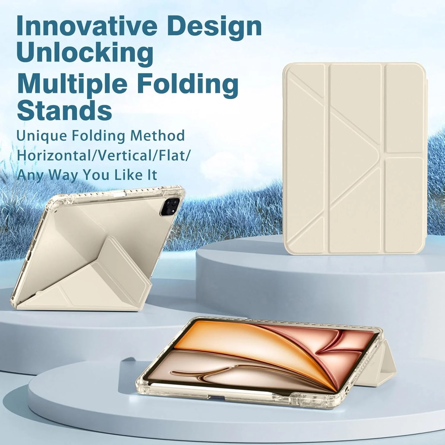 کاور A-BEAUTY سازگار با آیپد ایر 11 اینچ M3/M2 (2025/2024)، ایر نسل 5/4 سال 2022/2020، پرو 11 اینچ (2018-2022)، کاور شفاف با نگهدارنده قلم، استند سه تایی Y شکل، استارلایت