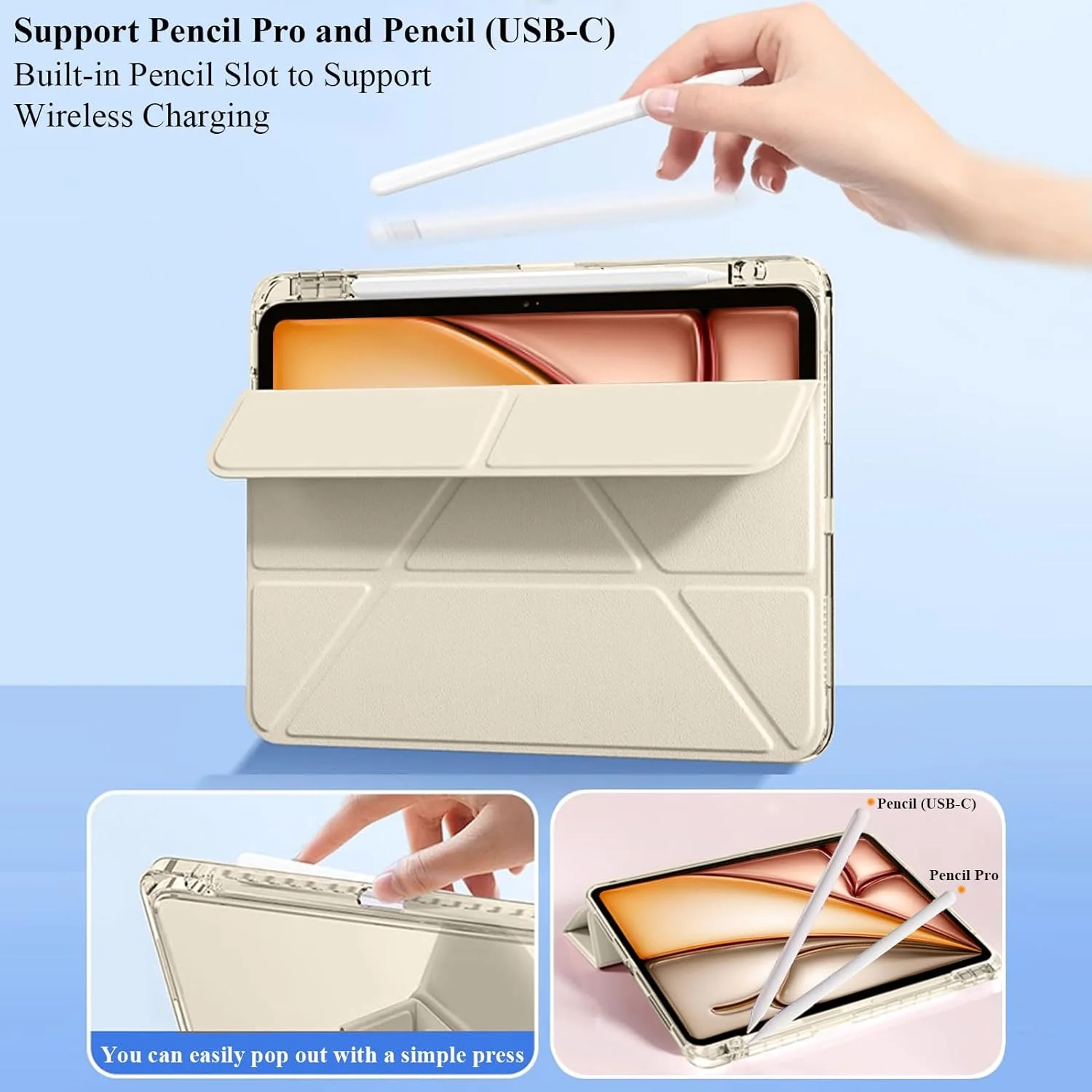 کاور A-BEAUTY سازگار با آیپد ایر 11 اینچ M3/M2 (2025/2024)، ایر نسل 5/4 سال 2022/2020، پرو 11 اینچ (2018-2022)، کاور شفاف با نگهدارنده قلم، استند سه تایی Y شکل، استارلایت