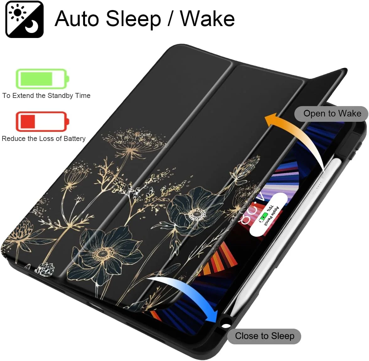 کاور May Chen برای آیپد پرو 11 اینچ M2 نسل 4 سال 2022، آیپد پرو 11 نسل 3/2/1، با پوشش پشتی شفاف ضد ضربه [دارای جای قلم داخلی، حالت خواب/بیدار خودکار، طرح گلدار انتزاعی]