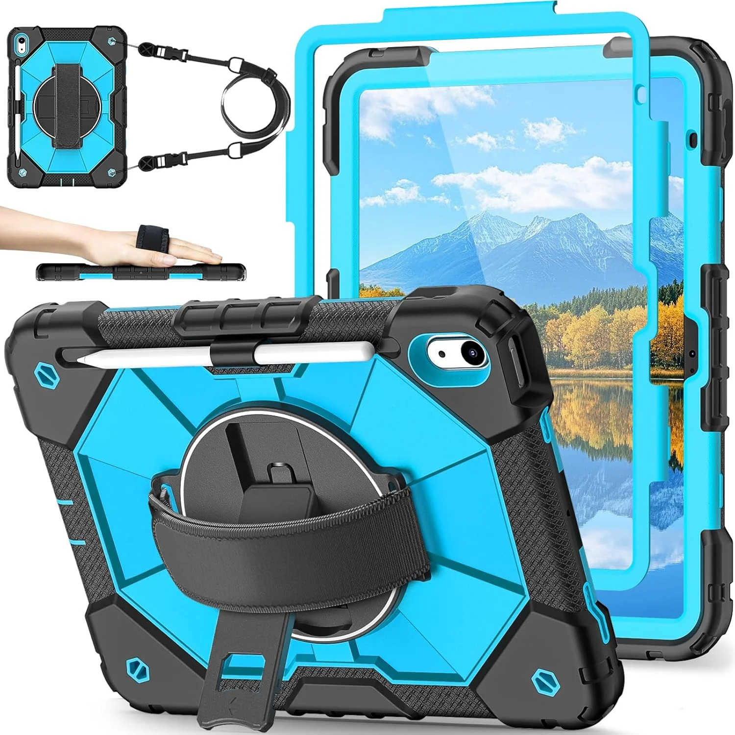 کیف نیتوپای مناسب برای آیپد نسل دهم 10.9 اینچ 2022 / کیف آیپد A16 11 اینچ 2025 به همراه محافظ صفحه نمایش، کاور نسل دهم مناسب کودکان، جای مداد، استند چرخان 360 درجه و بند شانه، مشکی آبی