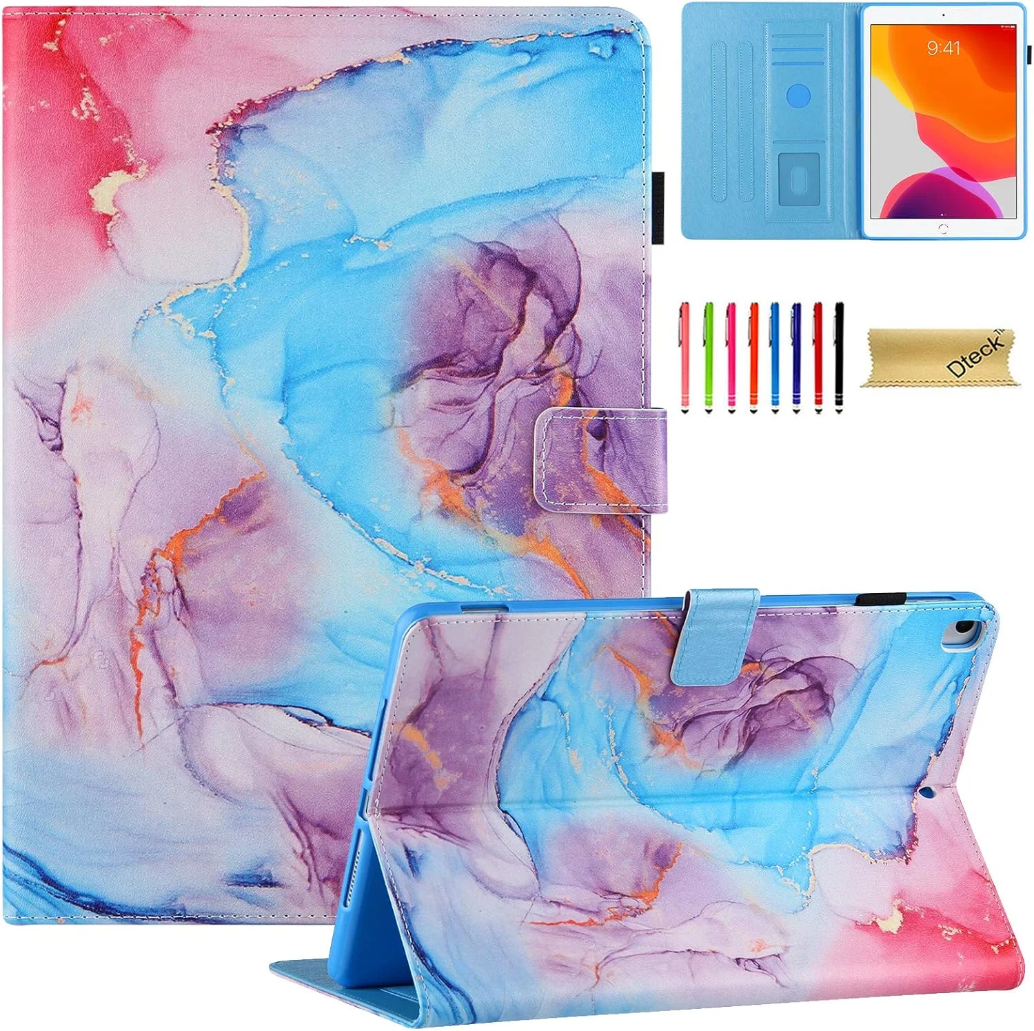 کیف محافظ آیپد نسل 8 Dteck، کیف آیپد نسل 7، جلد هوشمند باریک و ممتاز چرمی PU با قابلیت بیدار/خواب خودکار برای تبلت 10.2 اینچی اپل آیپد، طرح سنگ مرمر آبی