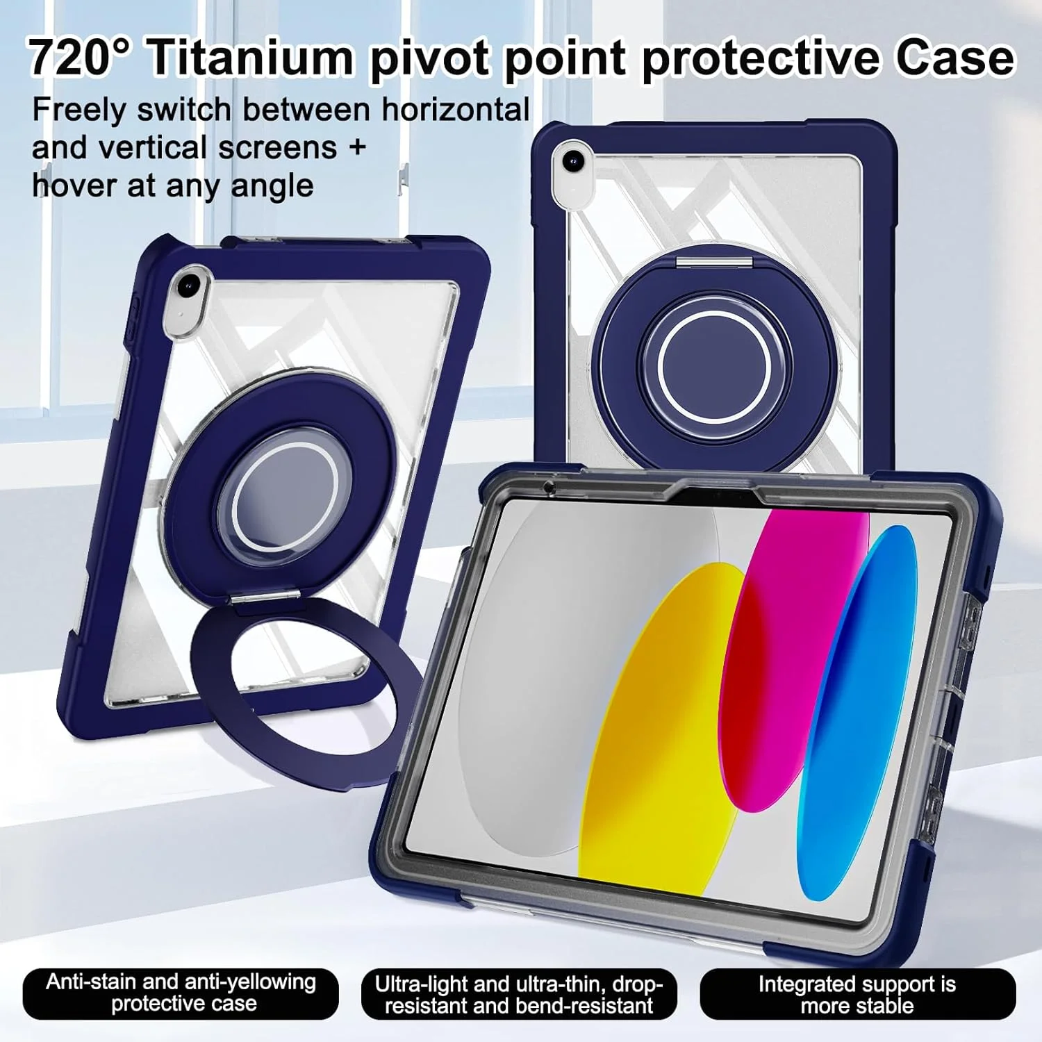 کاور محافظ آیپد نسل 11 مدل A16 با صفحه نمایش 11 اینچی (سال 2025) و آیپد نسل 10 با صفحه نمایش 10.9 اینچی (سال 2022)، مدل ST SoleMe.Tc، کاور محافظ سنگین با محافظ صفحه نمایش، استند چرخان 360 درجه و جای قلم، رنگ آبی تیره