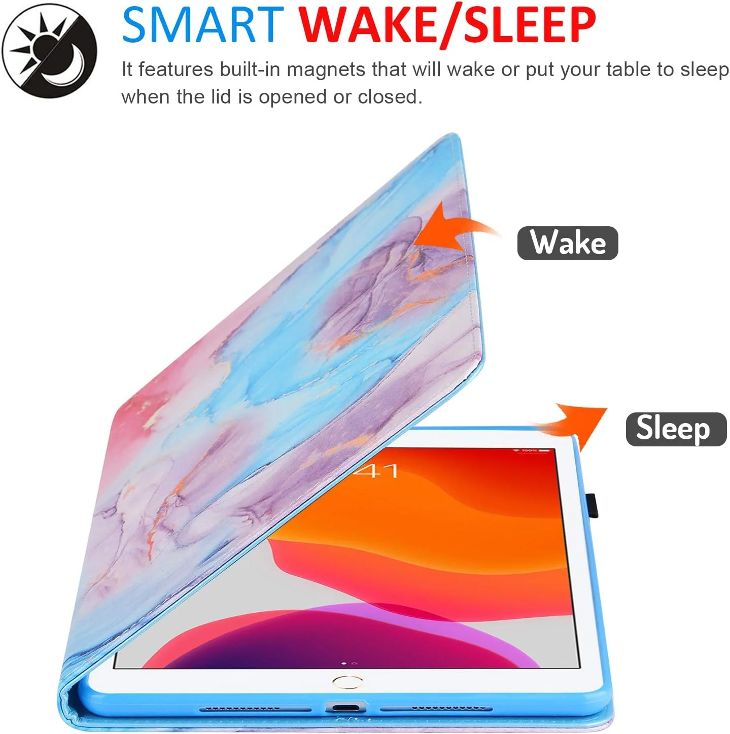 کیف محافظ آیپد نسل 8 Dteck، کیف آیپد نسل 7، جلد هوشمند باریک و ممتاز چرمی PU با قابلیت بیدار/خواب خودکار برای تبلت 10.2 اینچی اپل آیپد، طرح سنگ مرمر آبی