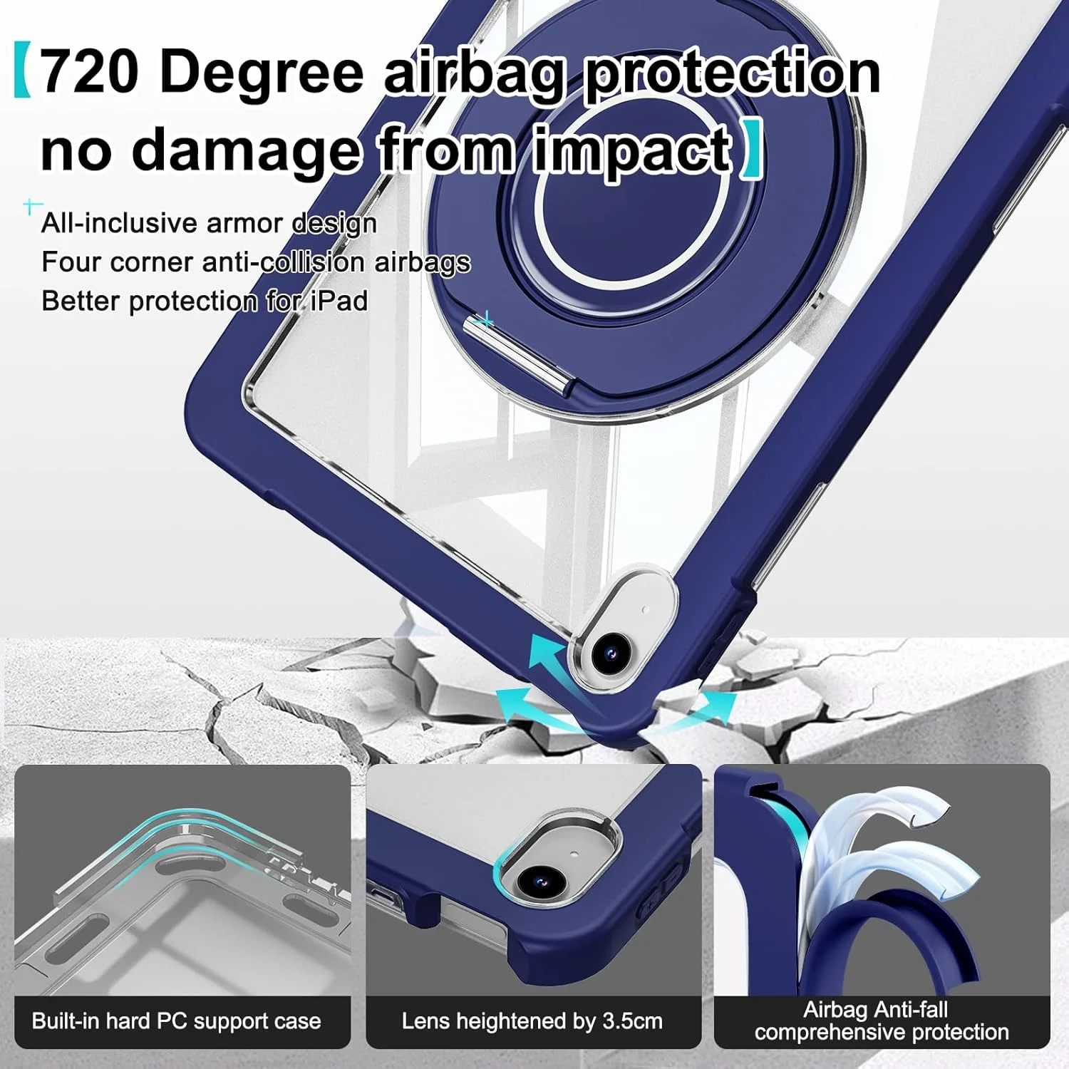 کاور محافظ آیپد نسل 11 مدل A16 با صفحه نمایش 11 اینچی (سال 2025) و آیپد نسل 10 با صفحه نمایش 10.9 اینچی (سال 2022)، مدل ST SoleMe.Tc، کاور محافظ سنگین با محافظ صفحه نمایش، استند چرخان 360 درجه و جای قلم، رنگ آبی تیره