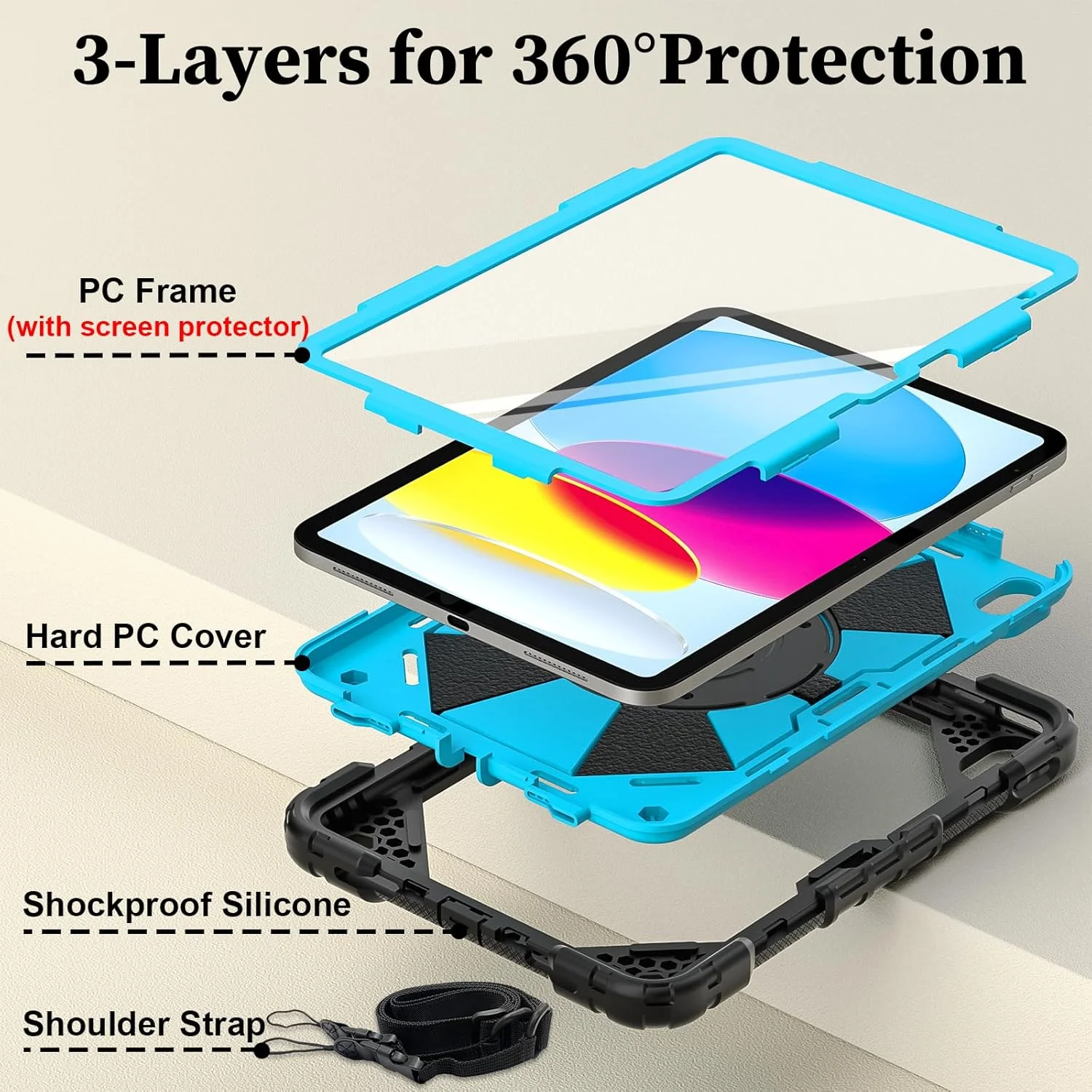 کیف نیتوپای مناسب برای آیپد نسل دهم 10.9 اینچ 2022 / کیف آیپد A16 11 اینچ 2025 به همراه محافظ صفحه نمایش، کاور نسل دهم مناسب کودکان، جای مداد، استند چرخان 360 درجه و بند شانه، مشکی آبی