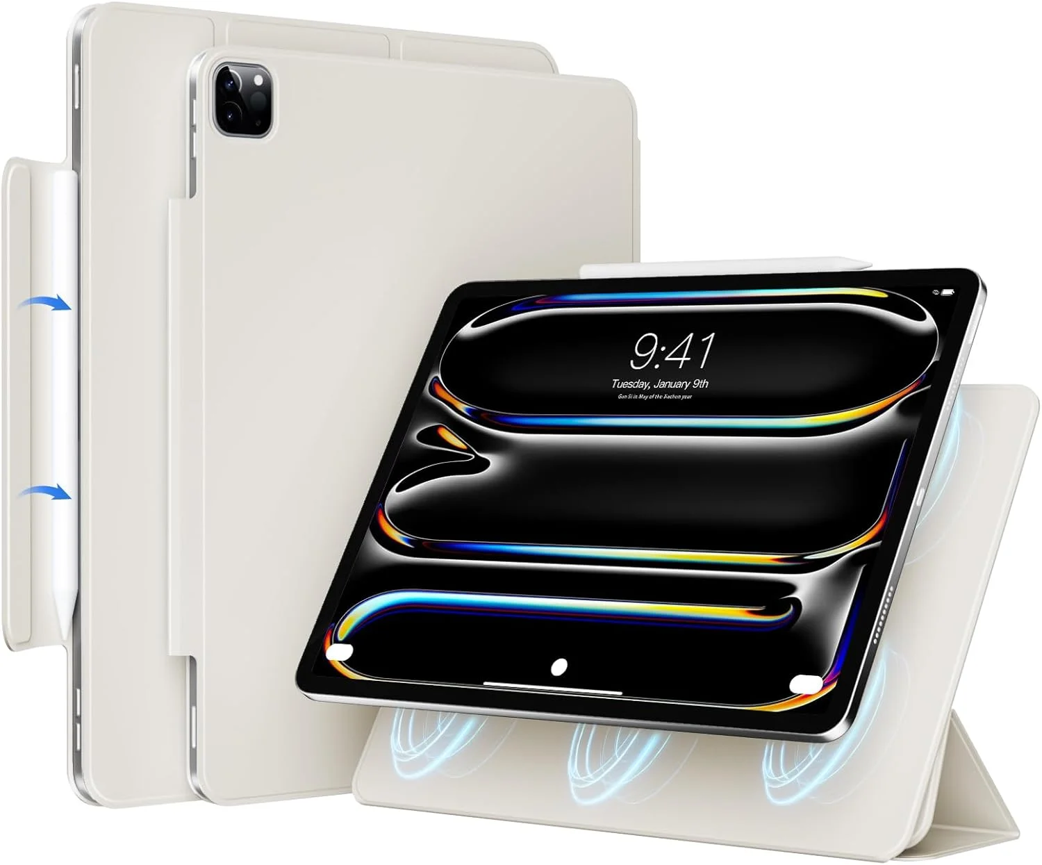 کاور مغناطیسی JKSML برای آیپد پرو 11 اینچ M4 2024، کاور نازک سه تایی تاشو با قابلیت پشتیبانی از Pencil Pro/USB-C، حالت خواب/بیدار خودکار، چرم PU ضد لغزش و ضد خش، کرم سفید