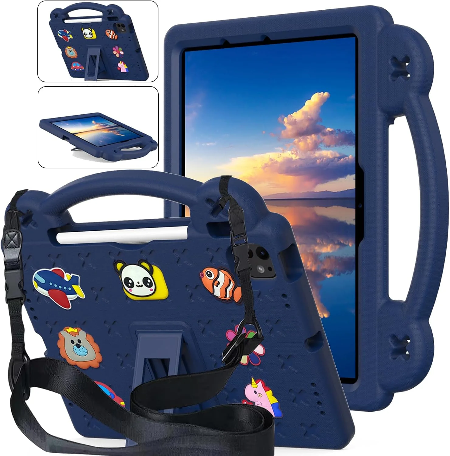 کیف محافظ کودکانه Billionn مناسب برای آیپد ایر 11 اینچ M2 (2024)، کیف نسل ششم آیپد ایر با جای قلم، پشتیبانی از Pencil Pro و Pencil (USB-C)، دارای دسته/بند شانه، سرمه ای