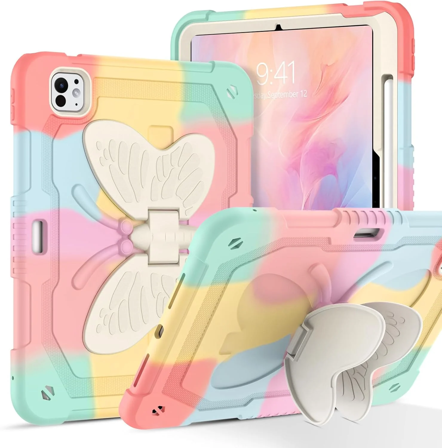 کیف سخت YINLAI برای آیپد پرو ۱۱ اینچ با پایه پروانه‌ای، جا مدادی، روکش محافظ ضد ضربه برای دختران و کودکان، طلایی رز رنگارنگ