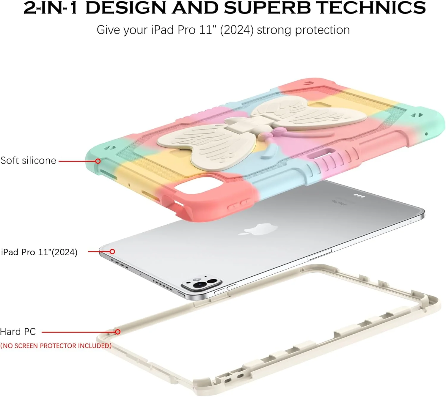 کیف سخت YINLAI برای آیپد پرو ۱۱ اینچ با پایه پروانه‌ای، جا مدادی، روکش محافظ ضد ضربه برای دختران و کودکان، طلایی رز رنگارنگ
