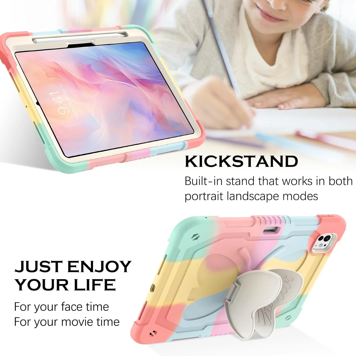 کیف سخت YINLAI برای آیپد پرو ۱۱ اینچ با پایه پروانه‌ای، جا مدادی، روکش محافظ ضد ضربه برای دختران و کودکان، طلایی رز رنگارنگ