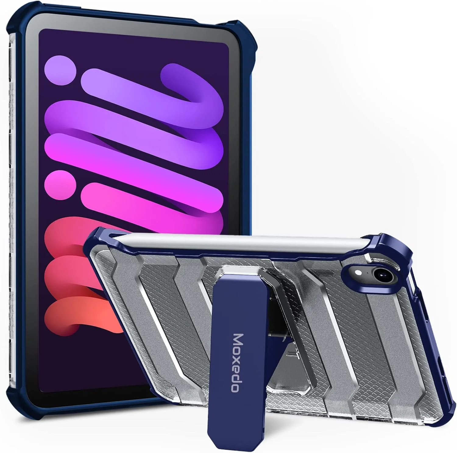 کاور محافظ ضد ضربه و مقاوم Moxedo با پایه نگهدارنده و جای قلم، سازگار با آیپد مینی 6 2021 (آبی تیره)