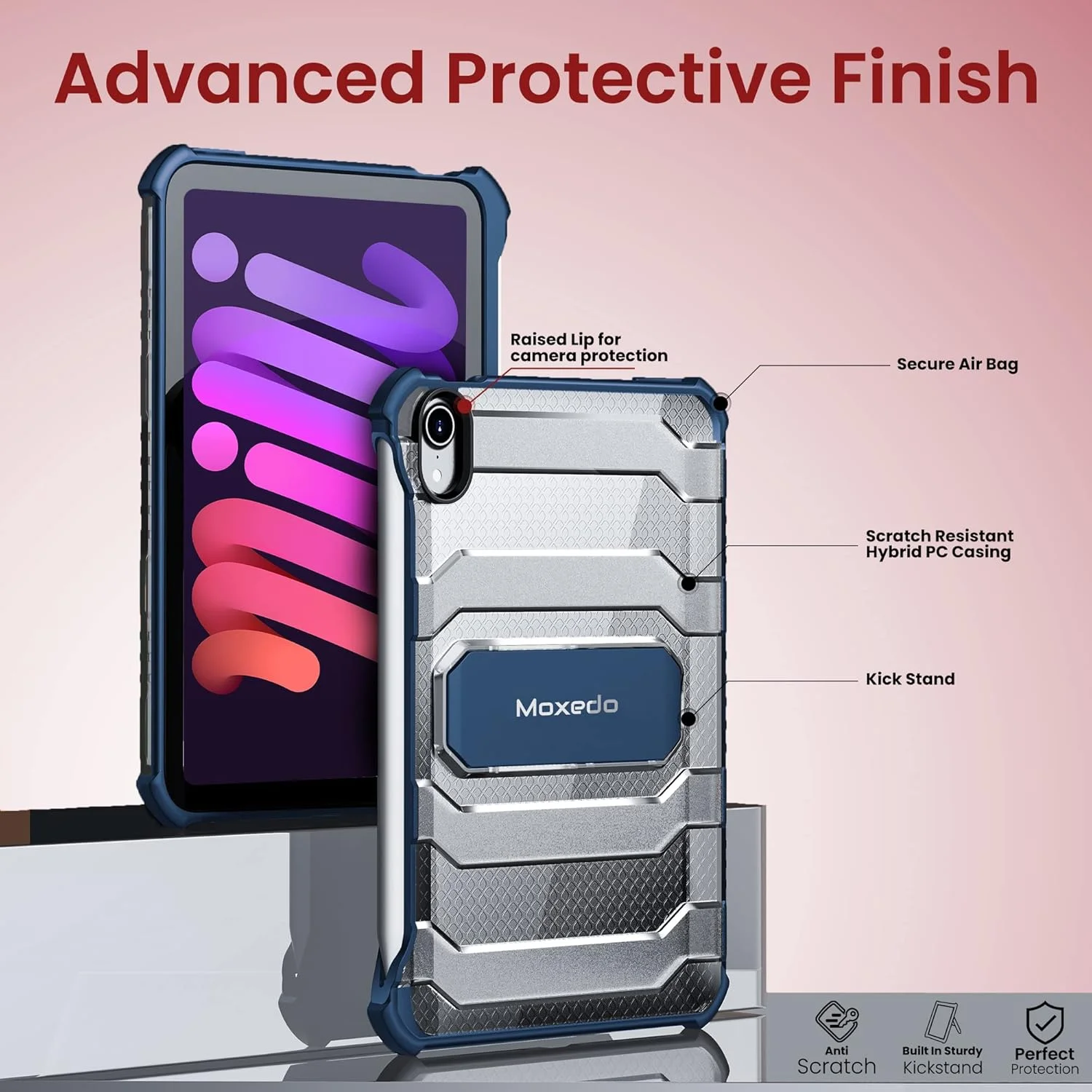 کاور محافظ ضد ضربه و مقاوم Moxedo با پایه نگهدارنده و جای قلم، سازگار با آیپد مینی 6 2021 (آبی تیره)