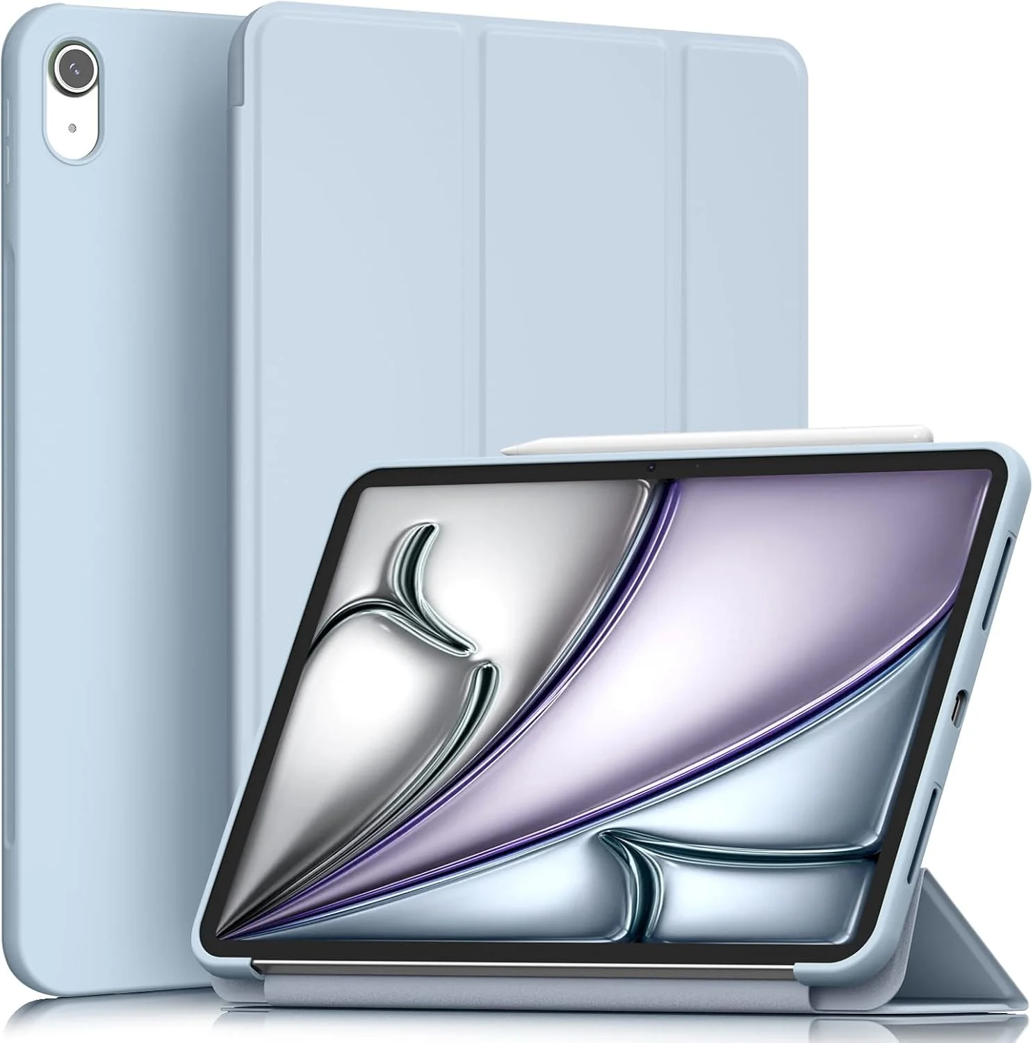 کیف محافظ آیپد ایر ۱۱ اینچ نسل هفتم/ششم (M3/M2) 2025/2024، [خواب/بیدار شدن خودکار]، کاور پشتی سخت و باریک با قابلیت استند برای آیپد ایر M3/M2/نسل پنجم/چهارم (آبی یخی)