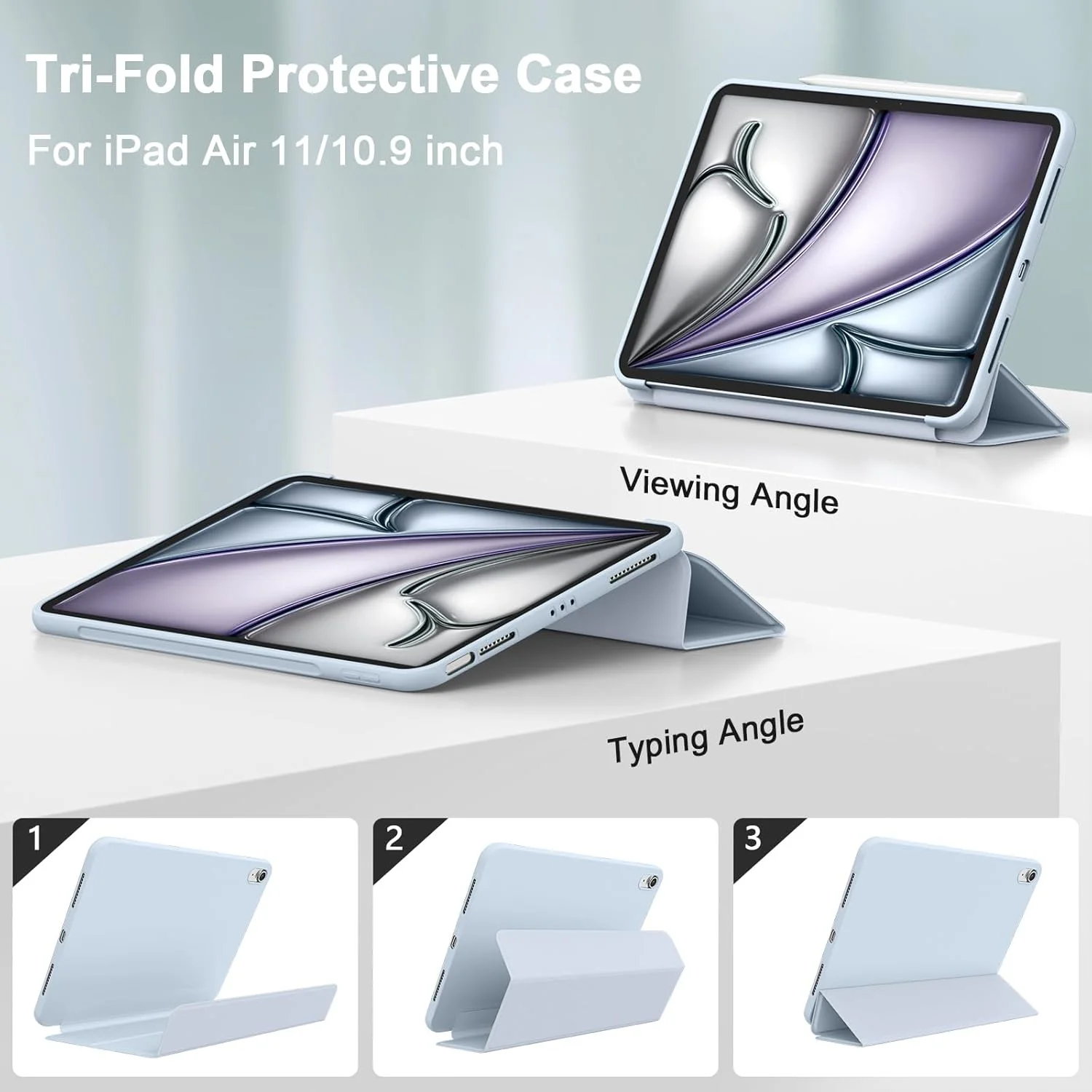 کیف محافظ آیپد ایر ۱۱ اینچ نسل هفتم/ششم (M3/M2) 2025/2024، [خواب/بیدار شدن خودکار]، کاور پشتی سخت و باریک با قابلیت استند برای آیپد ایر M3/M2/نسل پنجم/چهارم (آبی یخی)