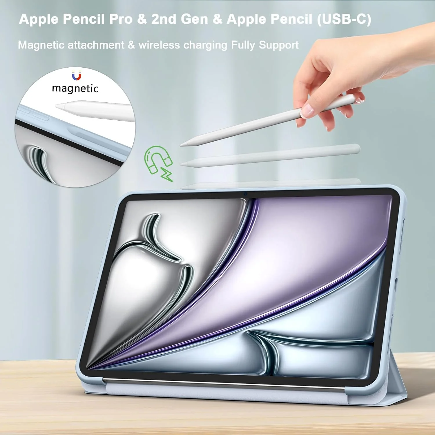 کیف محافظ آیپد ایر ۱۱ اینچ نسل هفتم/ششم (M3/M2) 2025/2024، [خواب/بیدار شدن خودکار]، کاور پشتی سخت و باریک با قابلیت استند برای آیپد ایر M3/M2/نسل پنجم/چهارم (آبی یخی)