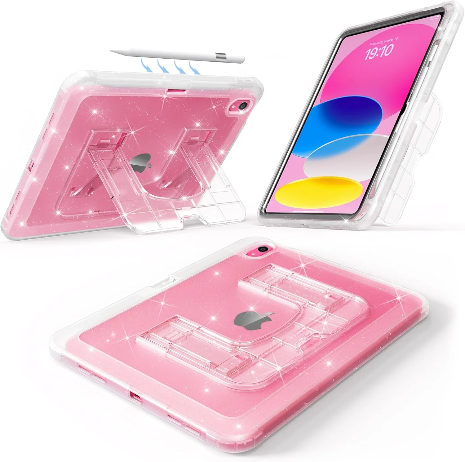 کاور محافظ CCMAO مناسب برای آیپد A16 نسل 11 و آیپد نسل 10، پشت شفاف اکلیلی درخشان، پایه بزرگتر، جای قلم، کاور محافظ ضد ضربه برای کودکان دخترانه، اکلیلی شفاف