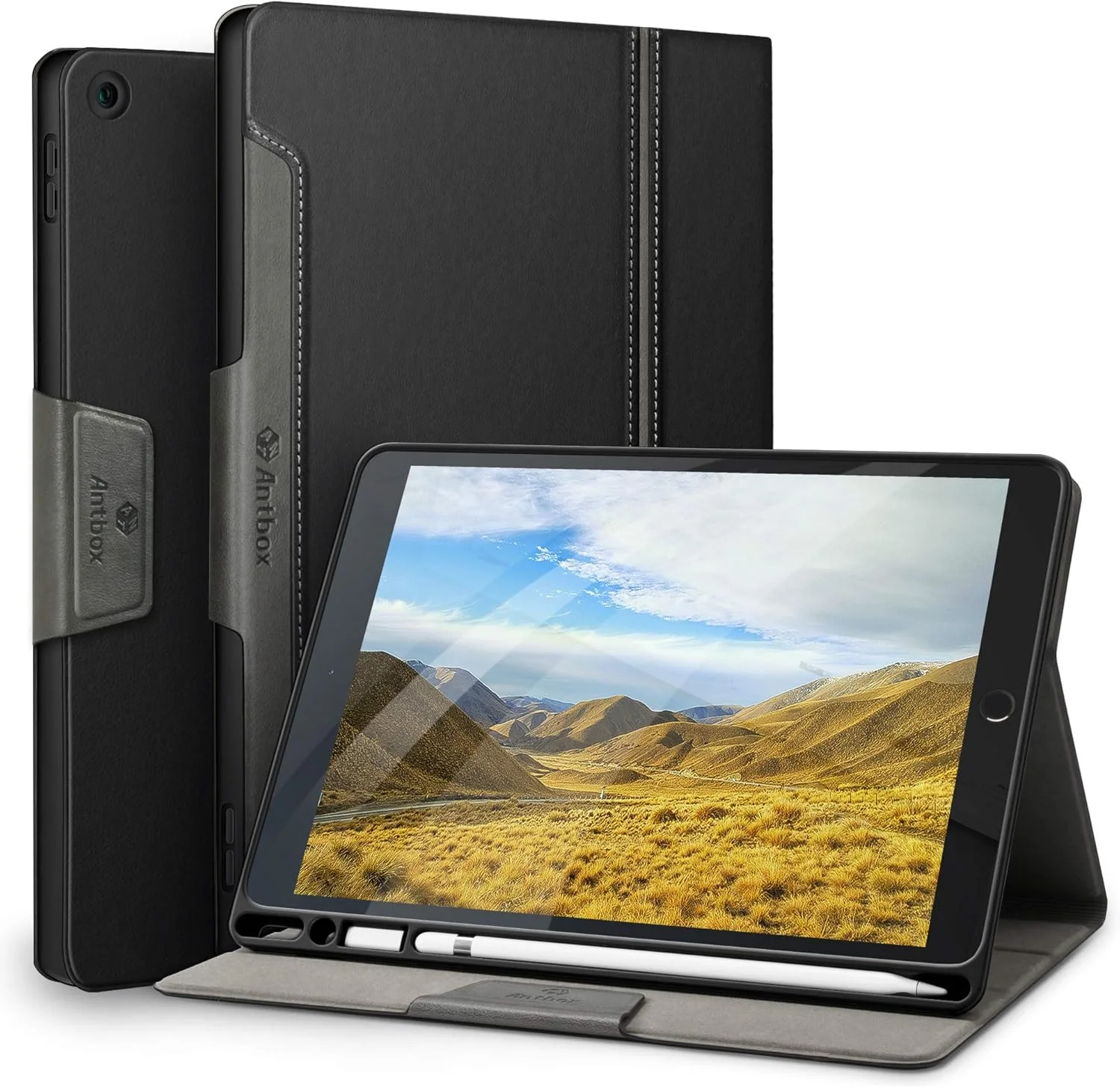 Antbox Tablet Case for iPad 10.2 8th Gen (2020)/7th Gen (2019) with Built-in Apple Pencil Holder Auto Sleep/Wake Function PU Leather Stand Smart Cover(Black)