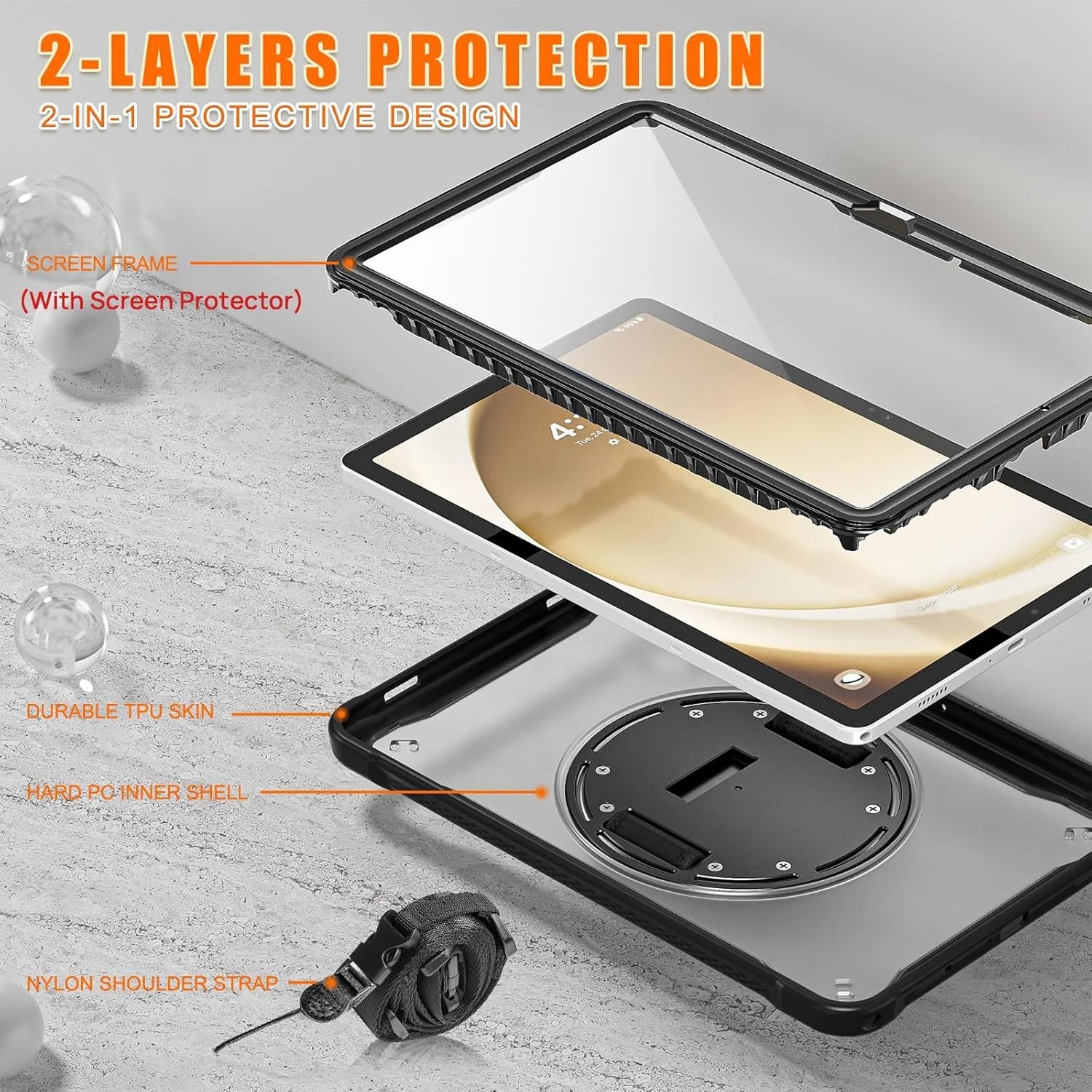 کاور محافظ تبلت سامسونگ گلکسی تب A9 پلاس/A9+ مدل Gerutek، کاور ضد ضربه فول بادی به همراه محافظ صفحه نمایش، دارای [پشت شفاف][استند 360 درجه/بند دستی]، مشکی