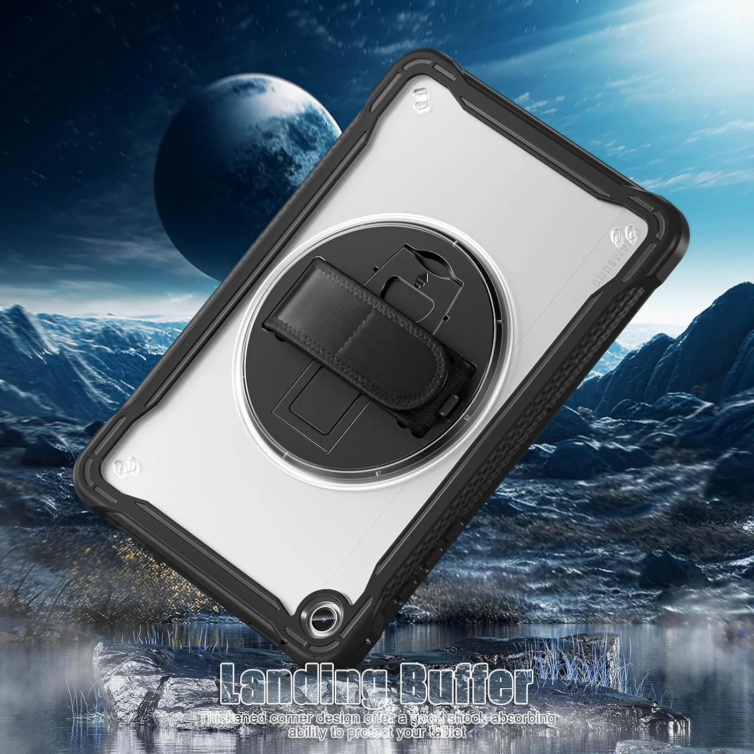 کاور محافظ تبلت سامسونگ گلکسی تب A9 پلاس/A9+ مدل Gerutek، کاور ضد ضربه فول بادی به همراه محافظ صفحه نمایش، دارای [پشت شفاف][استند 360 درجه/بند دستی]، مشکی