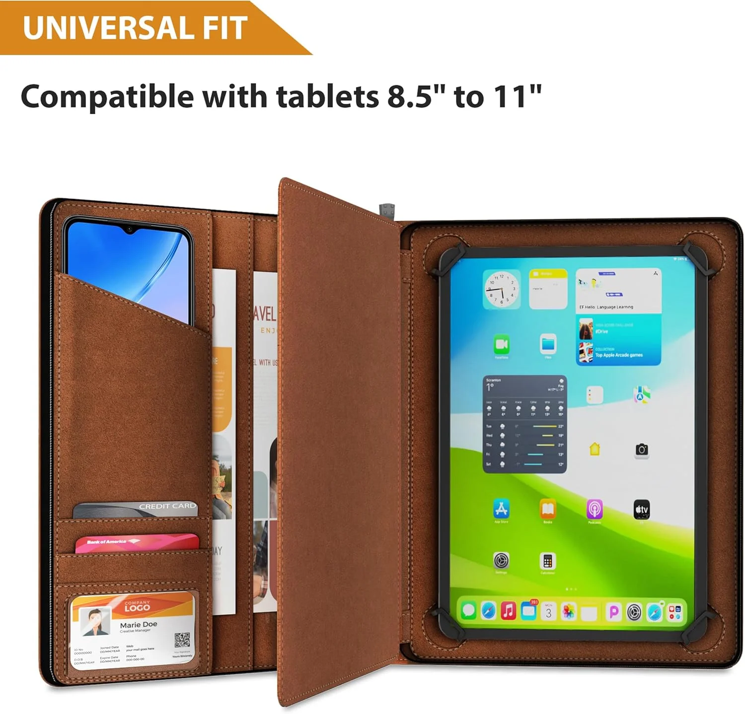 کیف پدفولیو یونیورسال KHOMO - سازمان دهنده پورتفولیو برای تبلت های 8.5 تا 11 اینچی - پوشه نگهدارنده نوت بوک چرمی PU برای آیپد، ایر، پرو و سایر تبلت ها