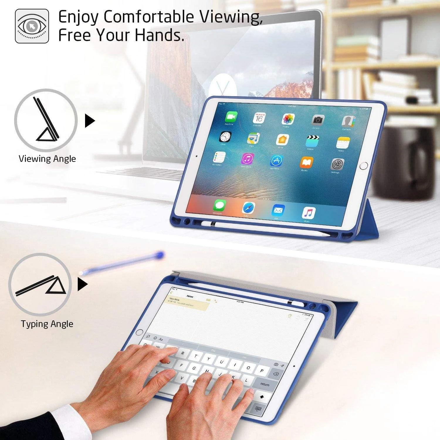 کاور هوشمند فوق سبک TPU با قابلیت بیدار شدن/خواب خودکار و جایگاه قلم اپل، سازگار با آیپد 9.7 اینچ 2018/2017، آبی