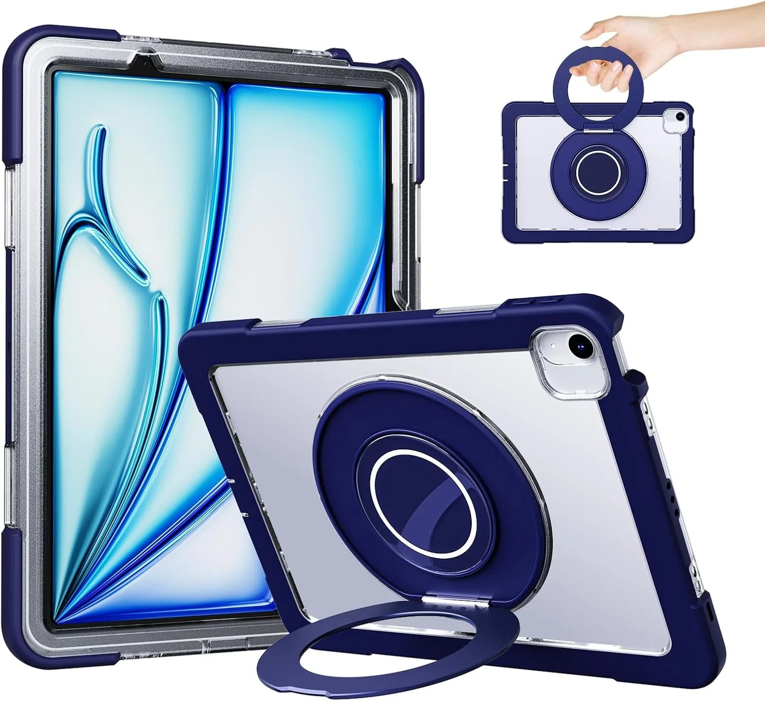 ROSROME Case for iPad Air 11-inch M3 2025/M2 2024 with HD Screen Protector, 360°Rotating Metal Stand, Heavy Duty Shockproof Protective Tablet Case Translucent Matte Back Kids Cover, Navy Blue