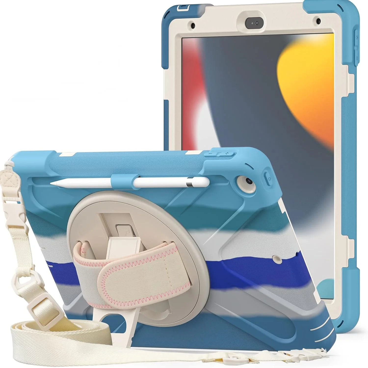 کاور محافظ سه لایه ProElite مناسب برای آیپد 10.2 اینچ نسل نهم (2021) / نسل هشتم / نسل هفتم با دستگیره، جای قلم و پایه چرخان، آبی رنگین کمانی