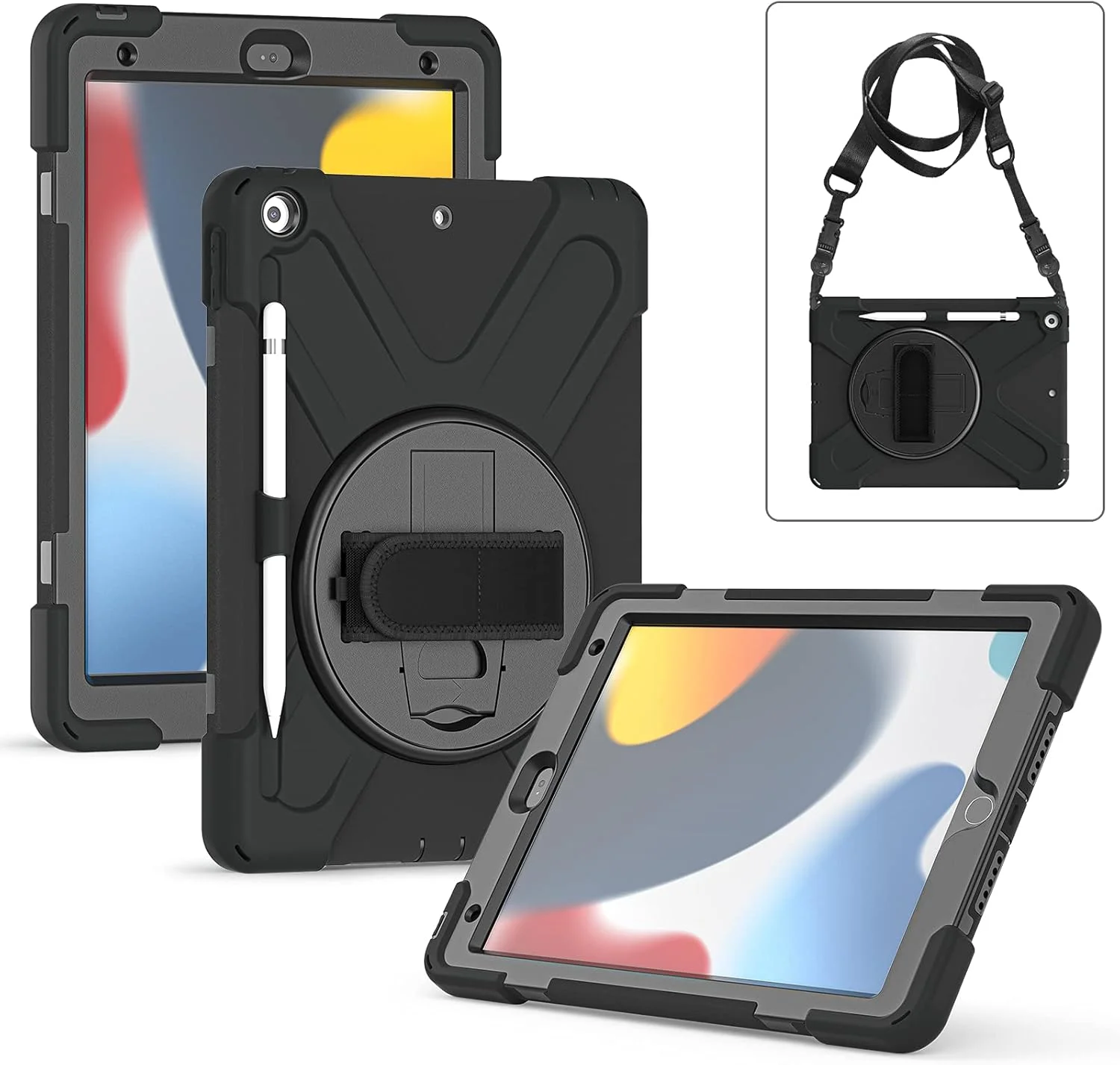 کاور محافظ سه لایه ProElite مناسب برای آیپد 10.2 اینچی نسل نهم (2021) / نسل هشتم / نسل هفتم با دسته، جای قلم و پایه چرخان، مشکی