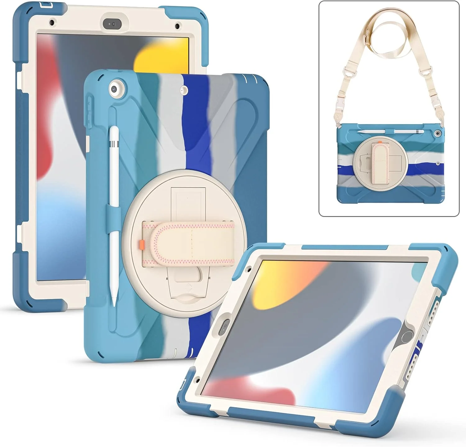 کاور محافظ سه لایه ProElite مناسب برای آیپد 10.2 اینچ نسل نهم (2021) / نسل هشتم / نسل هفتم با دستگیره، جای قلم و پایه چرخان، آبی رنگین کمانی