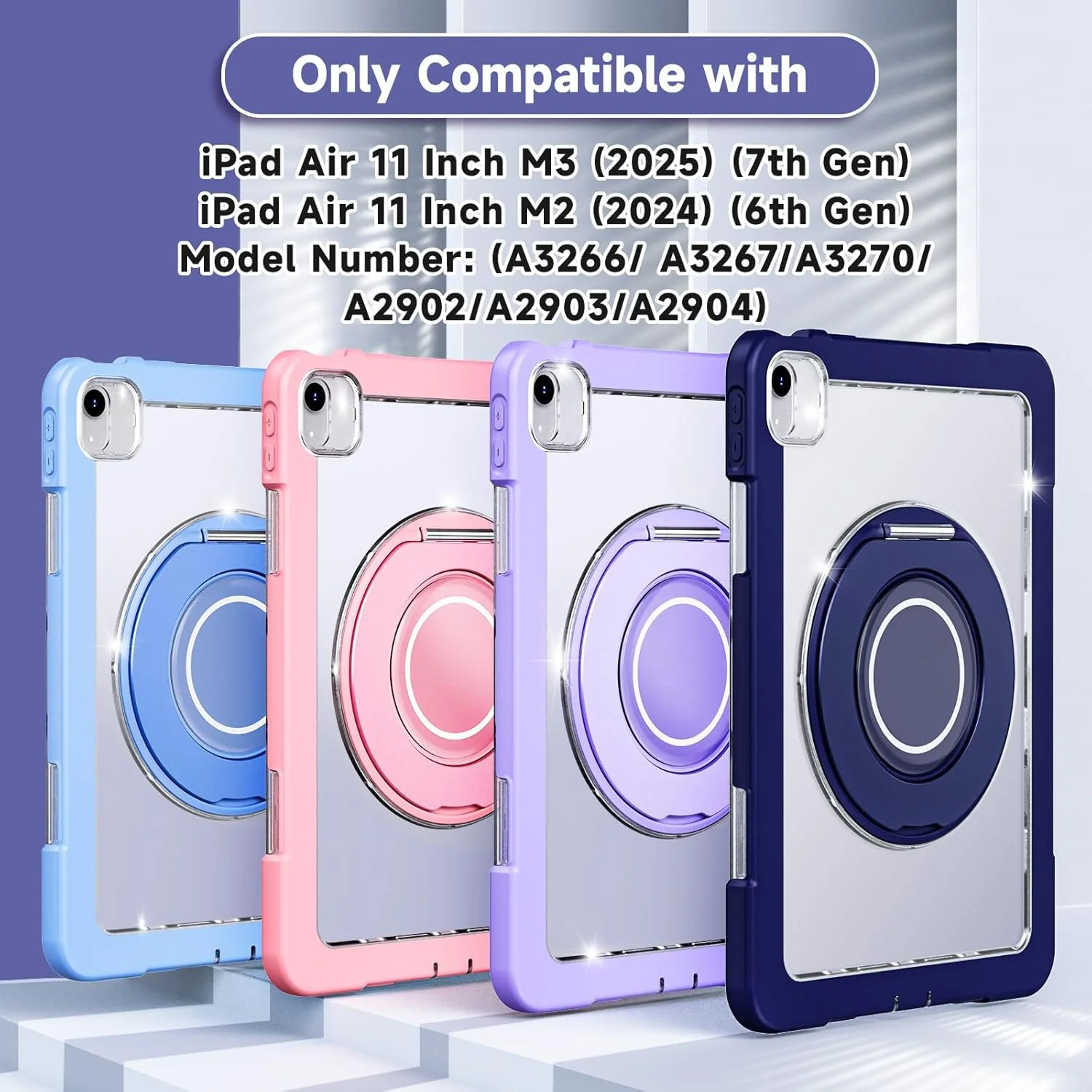 ROSROME Case for iPad Air 11-inch M3 2025/M2 2024 with HD Screen Protector, 360°Rotating Metal Stand, Heavy Duty Shockproof Protective Tablet Case Translucent Matte Back Kids Cover, Navy Blue