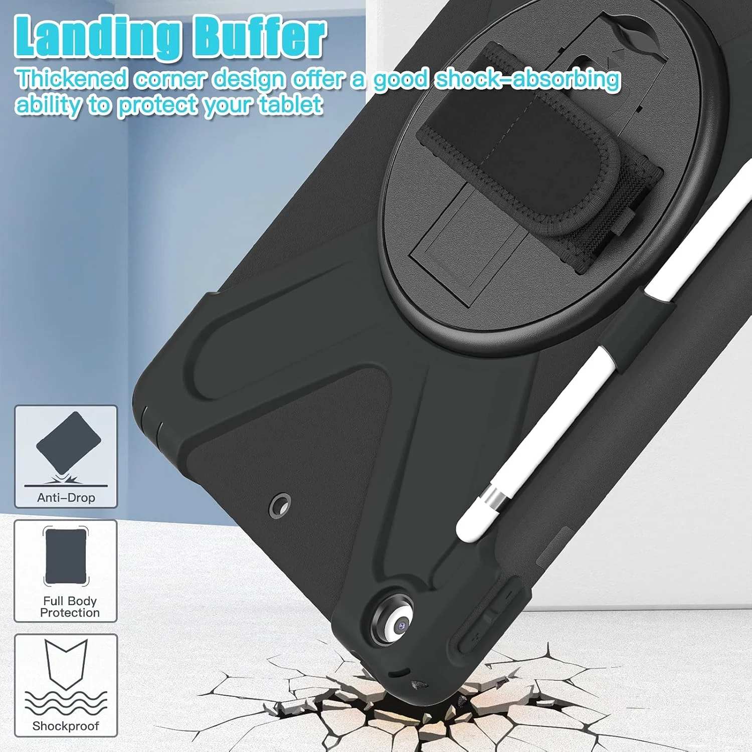 کاور محافظ سه لایه ProElite مناسب برای آیپد 10.2 اینچی نسل نهم (2021) / نسل هشتم / نسل هفتم با دسته، جای قلم و پایه چرخان، مشکی