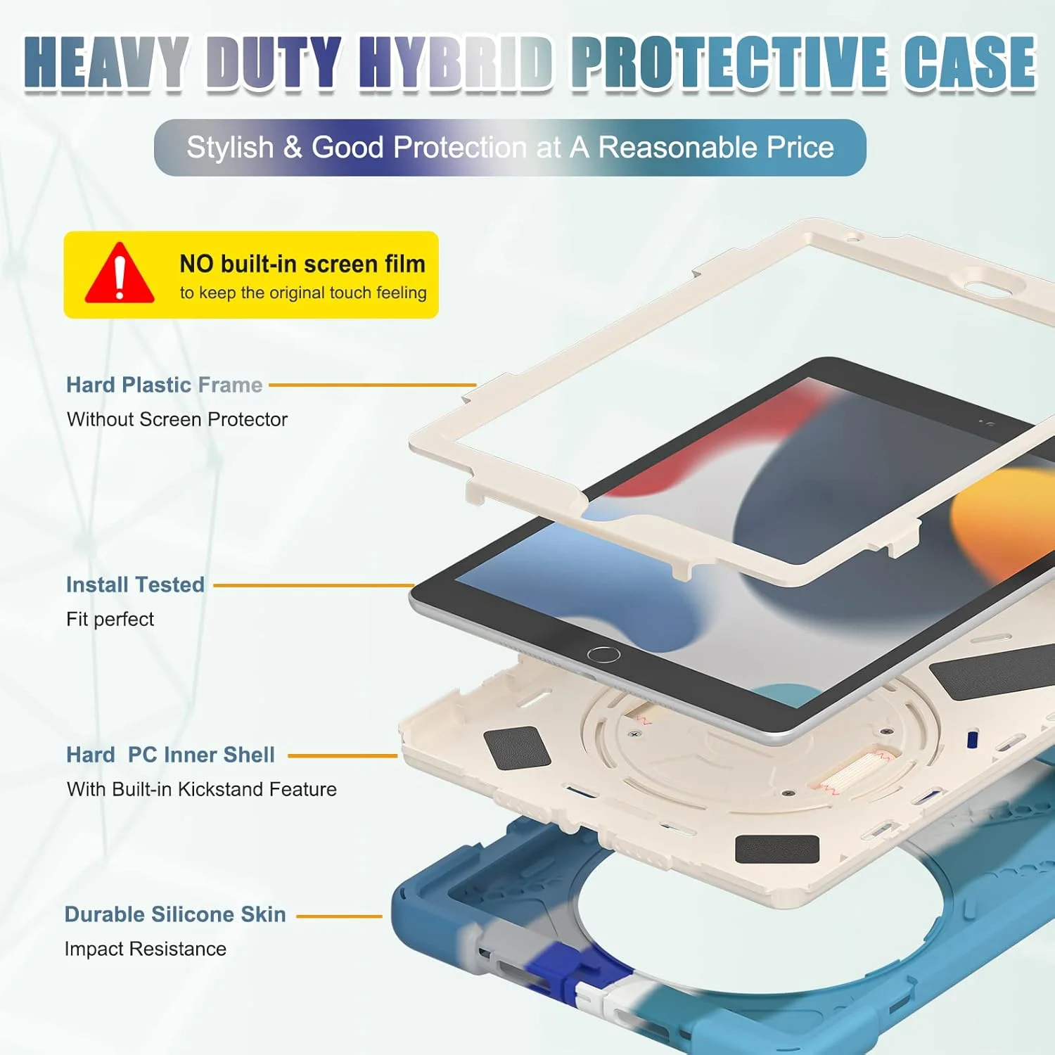 کاور محافظ سه لایه ProElite مناسب برای آیپد 10.2 اینچ نسل نهم (2021) / نسل هشتم / نسل هفتم با دستگیره، جای قلم و پایه چرخان، آبی رنگین کمانی