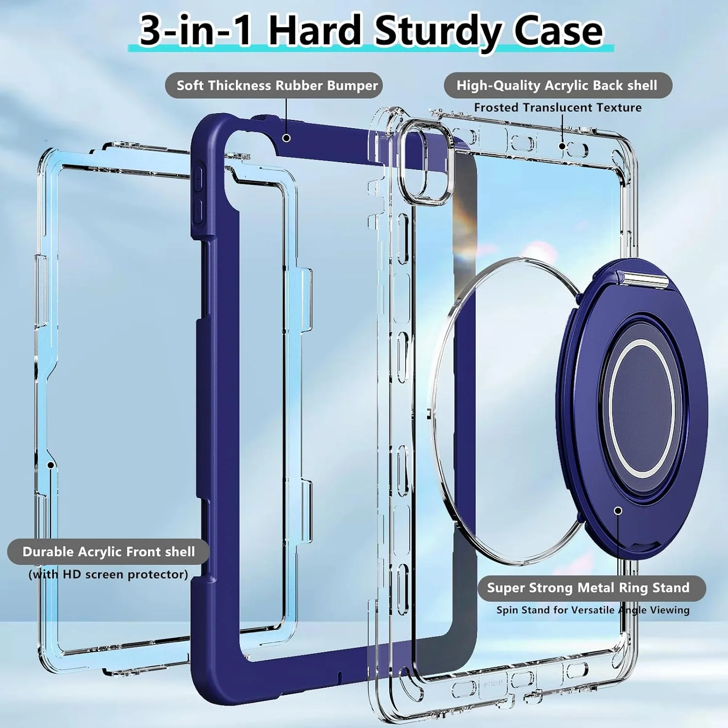 ROSROME Case for iPad Air 11-inch M3 2025/M2 2024 with HD Screen Protector, 360°Rotating Metal Stand, Heavy Duty Shockproof Protective Tablet Case Translucent Matte Back Kids Cover, Navy Blue