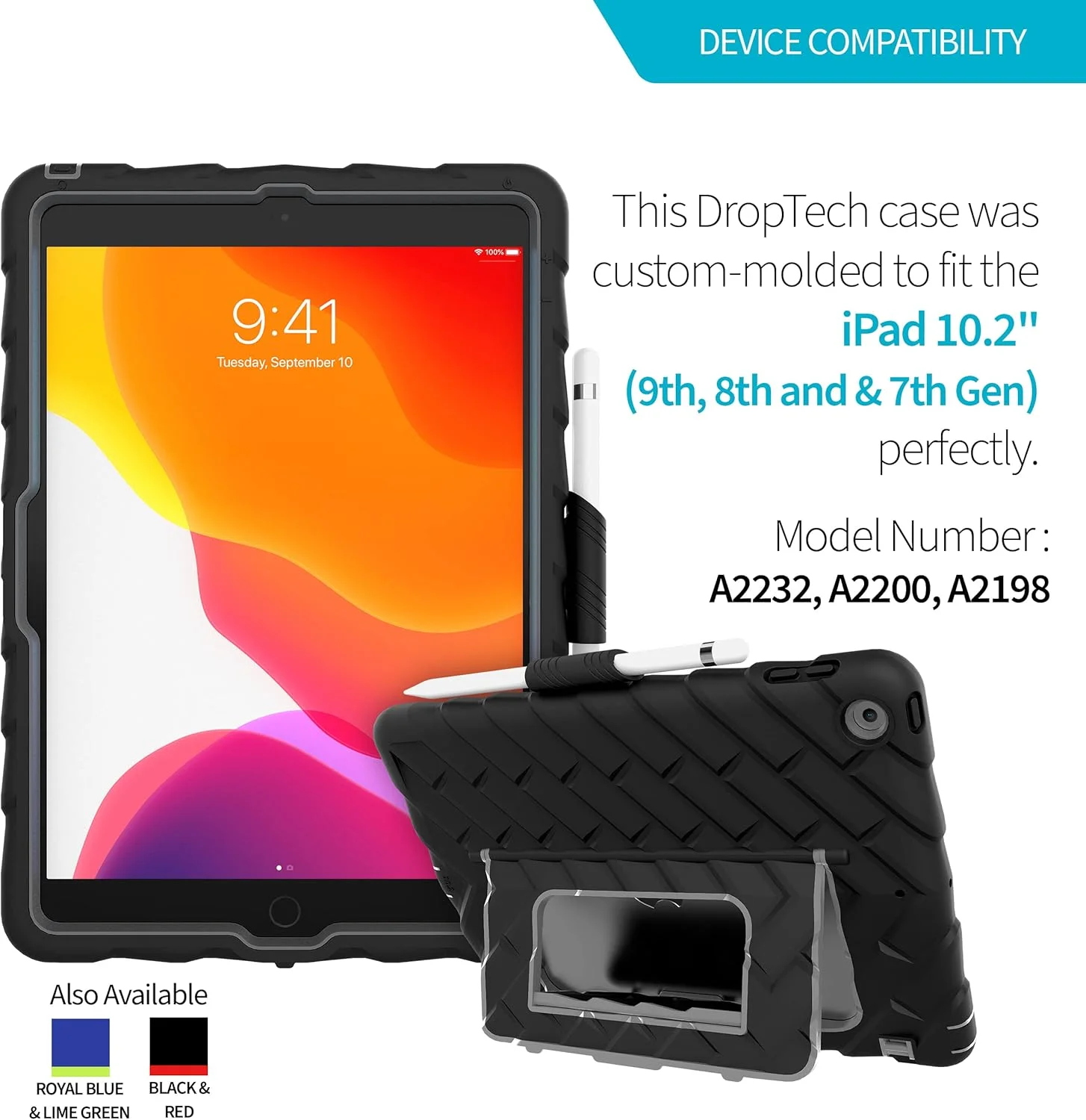 کاور محافظ Gumdrop Hideaway مناسب برای آیپد 10.2 اینچی اپل نسل 7 و 8 (2020) - محافظت در برابر ضربه و سقوط شدید (مشکی/قرمز)، مناسب برای کسب و کار و ملزومات اداری