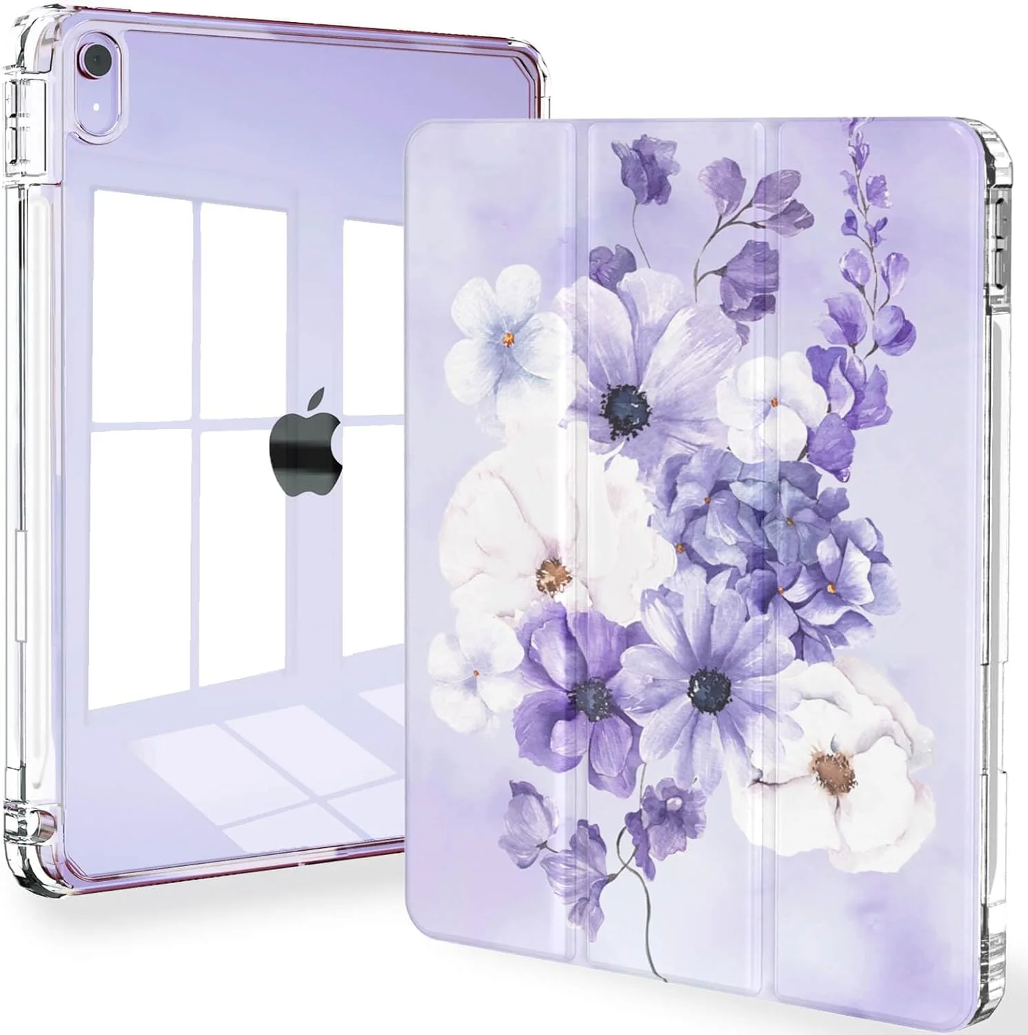 کاور Feams برای آیپد ایر 11 اینچی M2 (2024) / کاور آیپد ایر نسل 5، کاور سه تایی آیپد ایر نسل 5/4 10.9 اینچی 2022/2020 با پشت شفاف به همراه قابلیت خواب خودکار و جای قلم برای آیپد ایر 5/4، طرح دسته گل بنفش