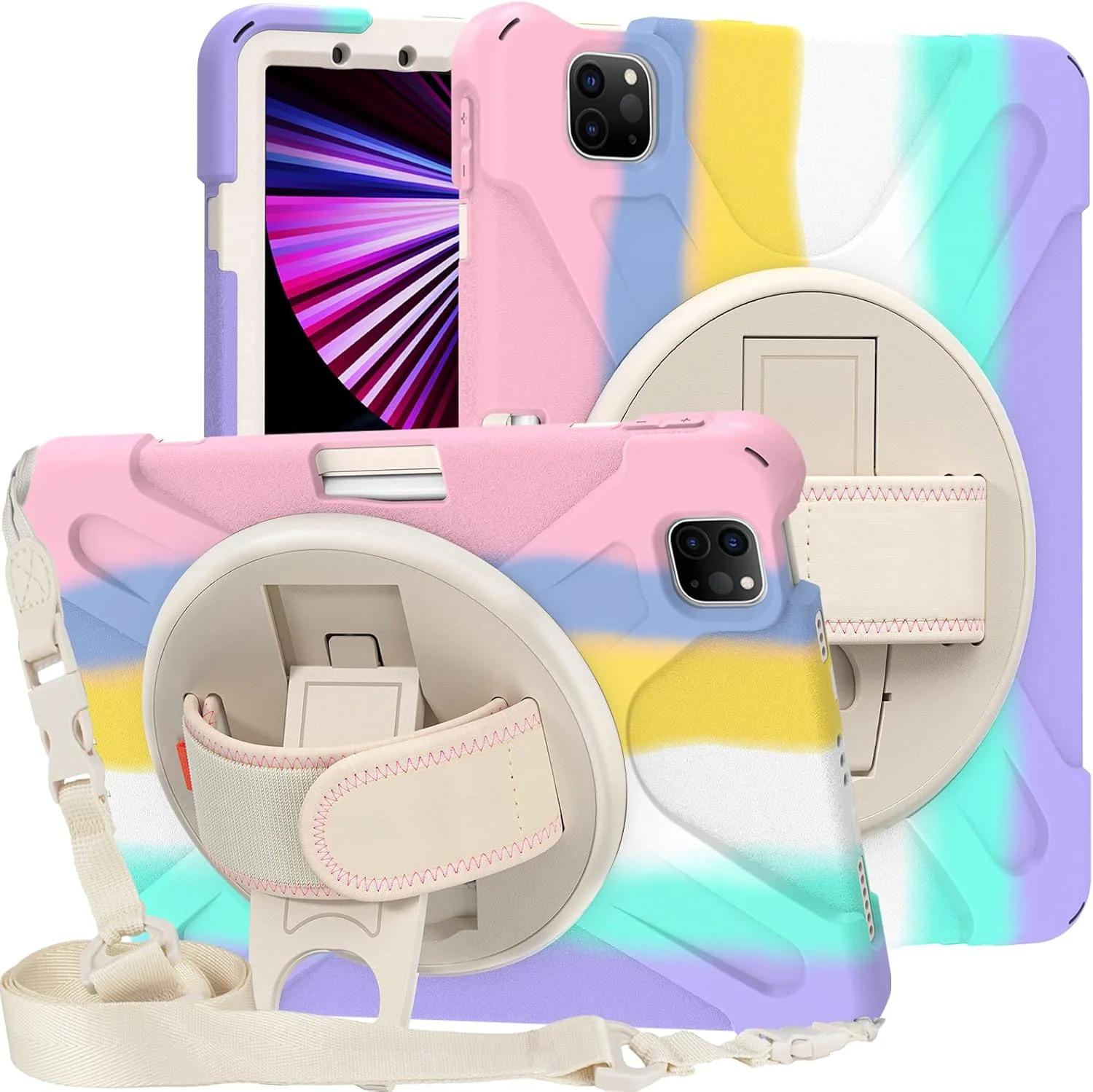 کاور محافظ سه لایه ProElite مدل Rugged Armor مناسب برای Apple iPad Air 4 10.9 اینچ با دستگیره، جای مداد و پایه چرخان، رنگین کمانی