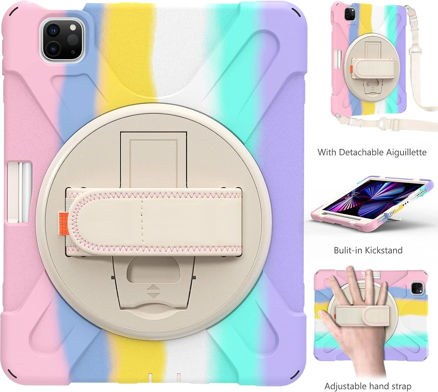 کاور محافظ سه لایه ProElite مدل Rugged Armor مناسب برای Apple iPad Air 4 10.9 اینچ با دستگیره، جای مداد و پایه چرخان، رنگین کمانی