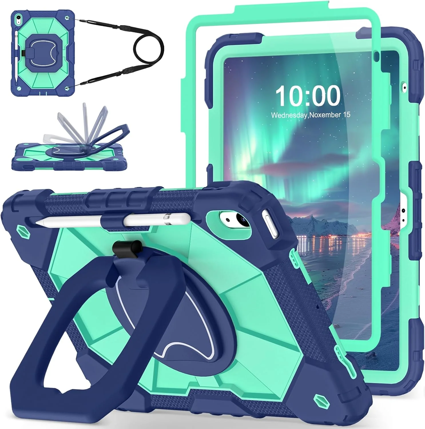 کاور WESOROL برای آیپد (A16) نسل 11 سال 2025 (11 اینچی) / آیپد نسل 10 سال 2022 (10.9 اینچی)، کاور ضد ضربه با درجه نظامی برای آیپد نسل 11/10 با استند چرخشی، محافظ صفحه نمایش و جای قلم، سرمه ای نعنایی