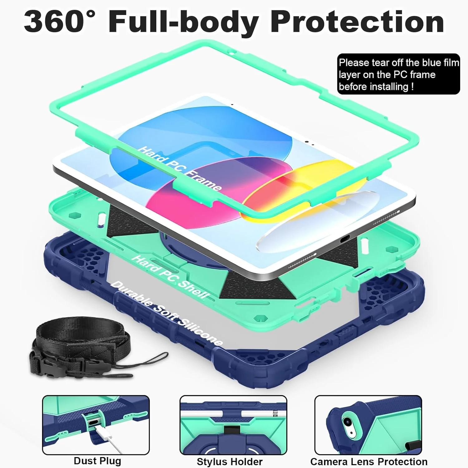کاور WESOROL برای آیپد (A16) نسل 11 سال 2025 (11 اینچی) / آیپد نسل 10 سال 2022 (10.9 اینچی)، کاور ضد ضربه با درجه نظامی برای آیپد نسل 11/10 با استند چرخشی، محافظ صفحه نمایش و جای قلم، سرمه ای نعنایی