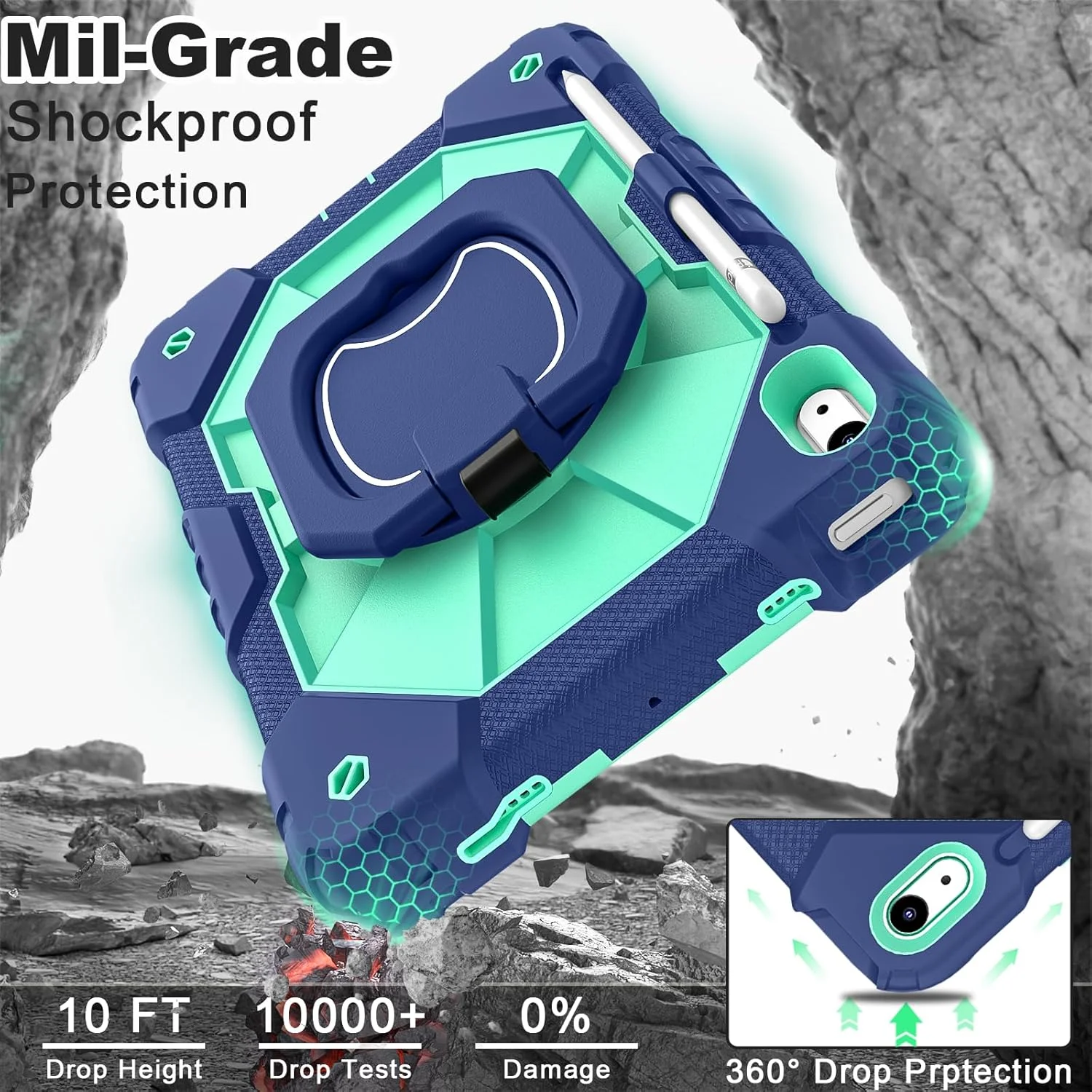 کاور WESOROL برای آیپد (A16) نسل 11 سال 2025 (11 اینچی) / آیپد نسل 10 سال 2022 (10.9 اینچی)، کاور ضد ضربه با درجه نظامی برای آیپد نسل 11/10 با استند چرخشی، محافظ صفحه نمایش و جای قلم، سرمه ای نعنایی